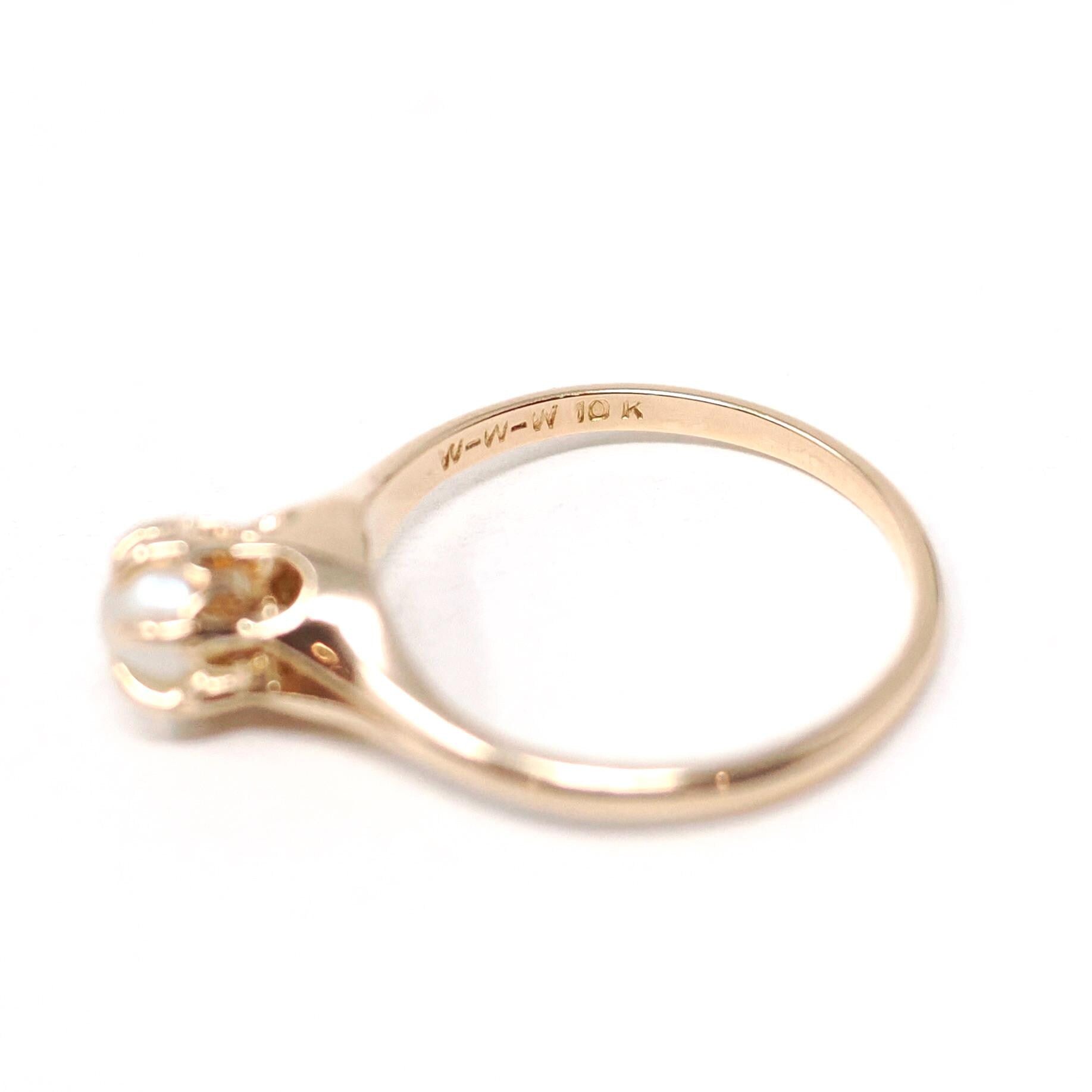 Cultured Pearl Ring - Edwardian 10k Rosy Yellow Gold Crown Basket Setting - Antique Circa 1910s Era Solitaire Size 6 Minimalist Fine Jewelry