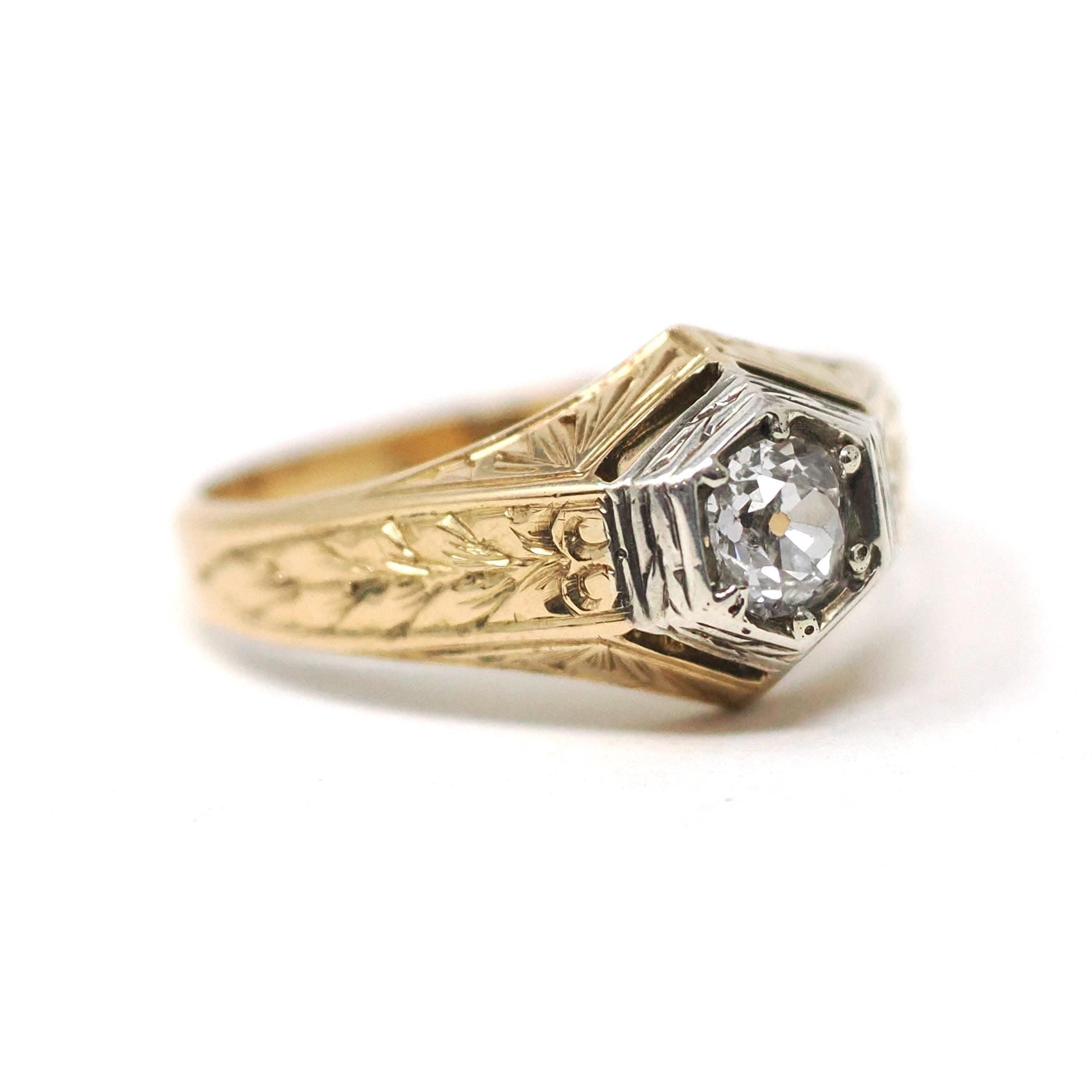 Vintage Diamond Ring - Art Deco 18k Yellow Gold & Silver Hexagonal Unisex .46 CT Engagement - Circa 1930s Bi Tone Size 10 Wheat Fine Jewelry