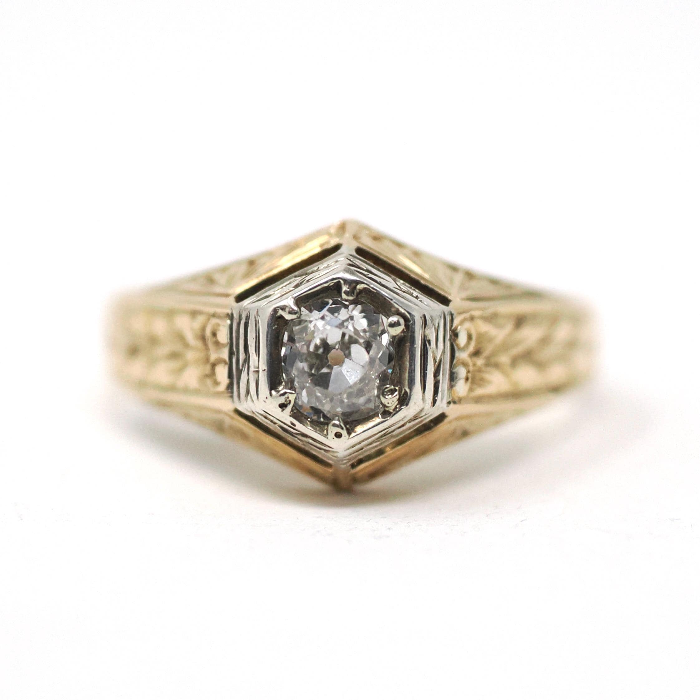 Vintage Diamond Ring - Art Deco 18k Yellow Gold & Silver Hexagonal Unisex .46 CT Engagement - Circa 1930s Bi Tone Size 10 Wheat Fine Jewelry