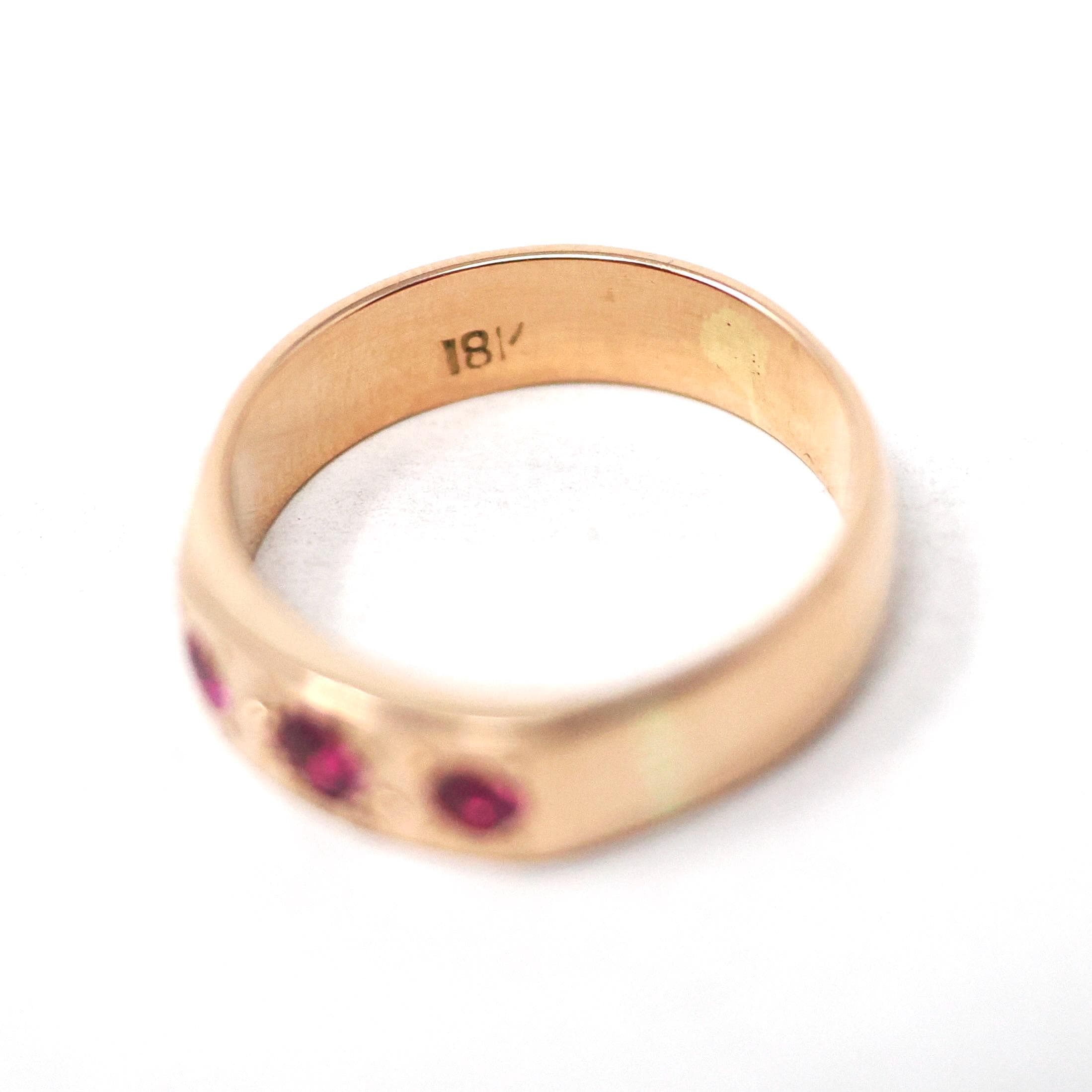 Vintage Three Stone Ring - Mid Century 18k Rose Gold Flush Set Created Ruby Star Incised Statement Band - Circa 1960s Size 5.25 Fine Jewelry