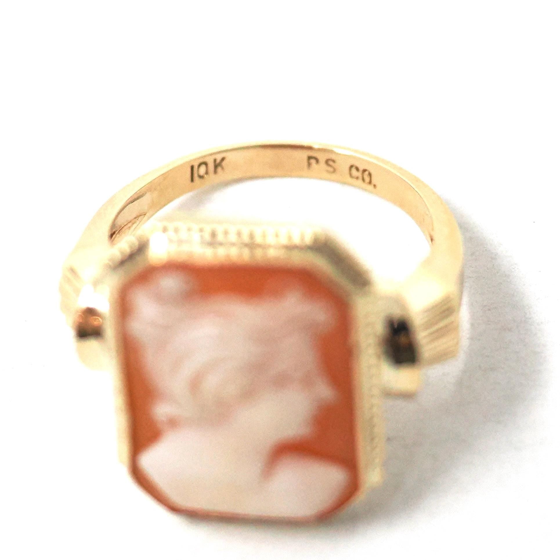Vintage Cameo Ring - Mid Century 10k Yellow Gold Carved Shell Portrait Statement - Circa 1940s Era Size 6 PSCO Fine Italian Keepsake Jewelry