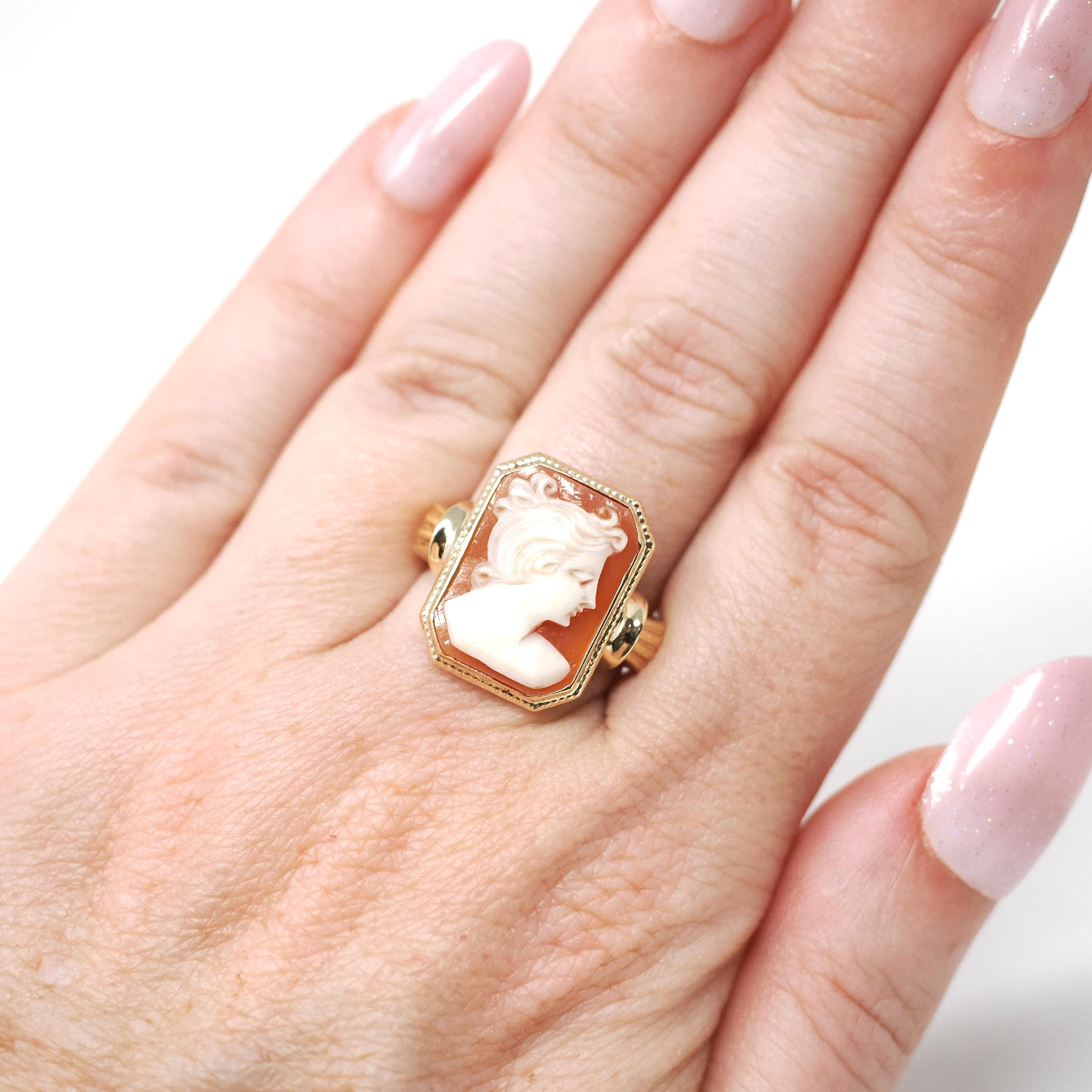 Vintage Cameo Ring - Mid Century 10k Yellow Gold Carved Shell Portrait Statement - Circa 1940s Era Size 6 PSCO Fine Italian Keepsake Jewelry