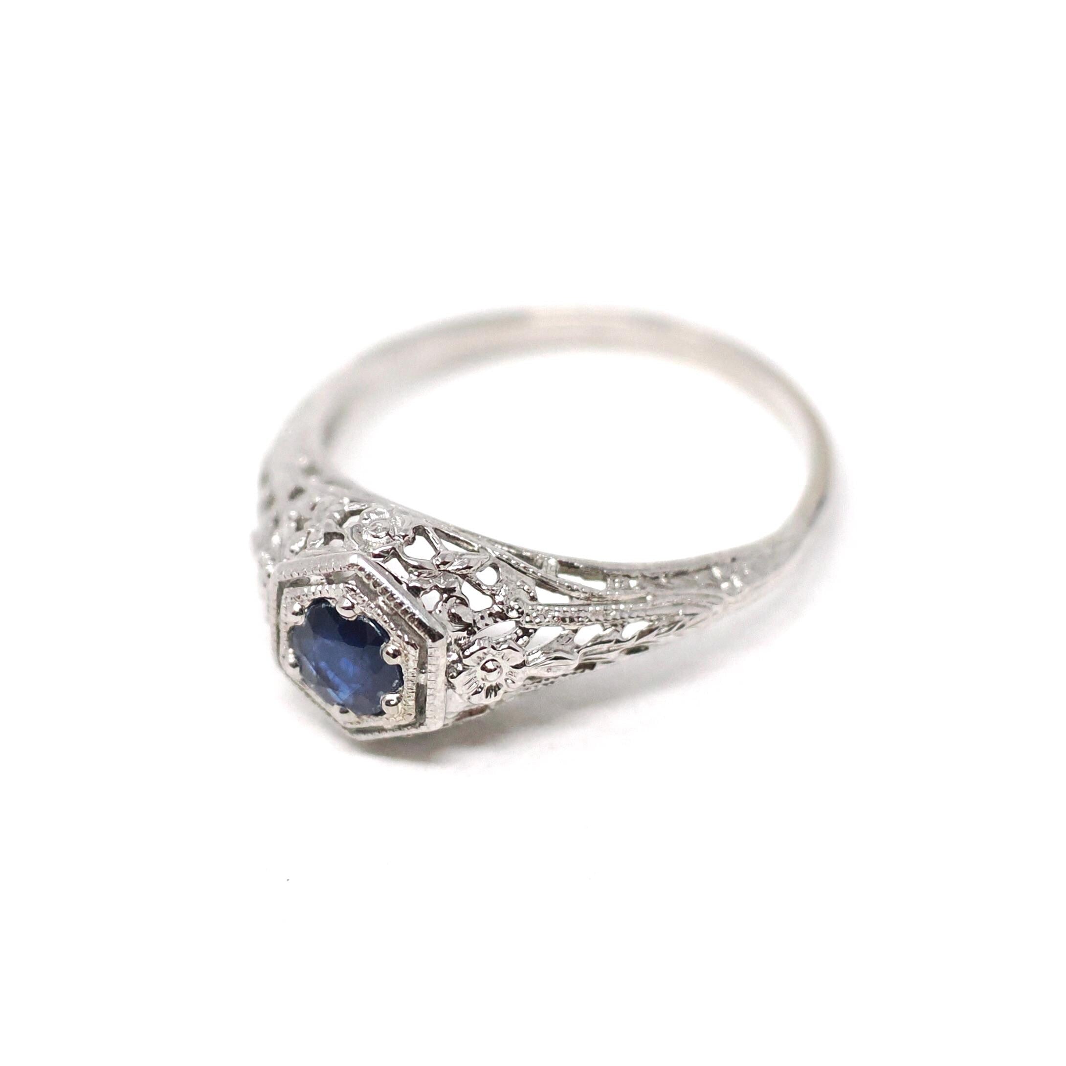 Art Deco Sapphire Ring - Vintage 14k White Gold Die Struck Natural Blue Corundum Gemstone - Circa 1930s Size 9 Filigree Fine Bridal Jewelry