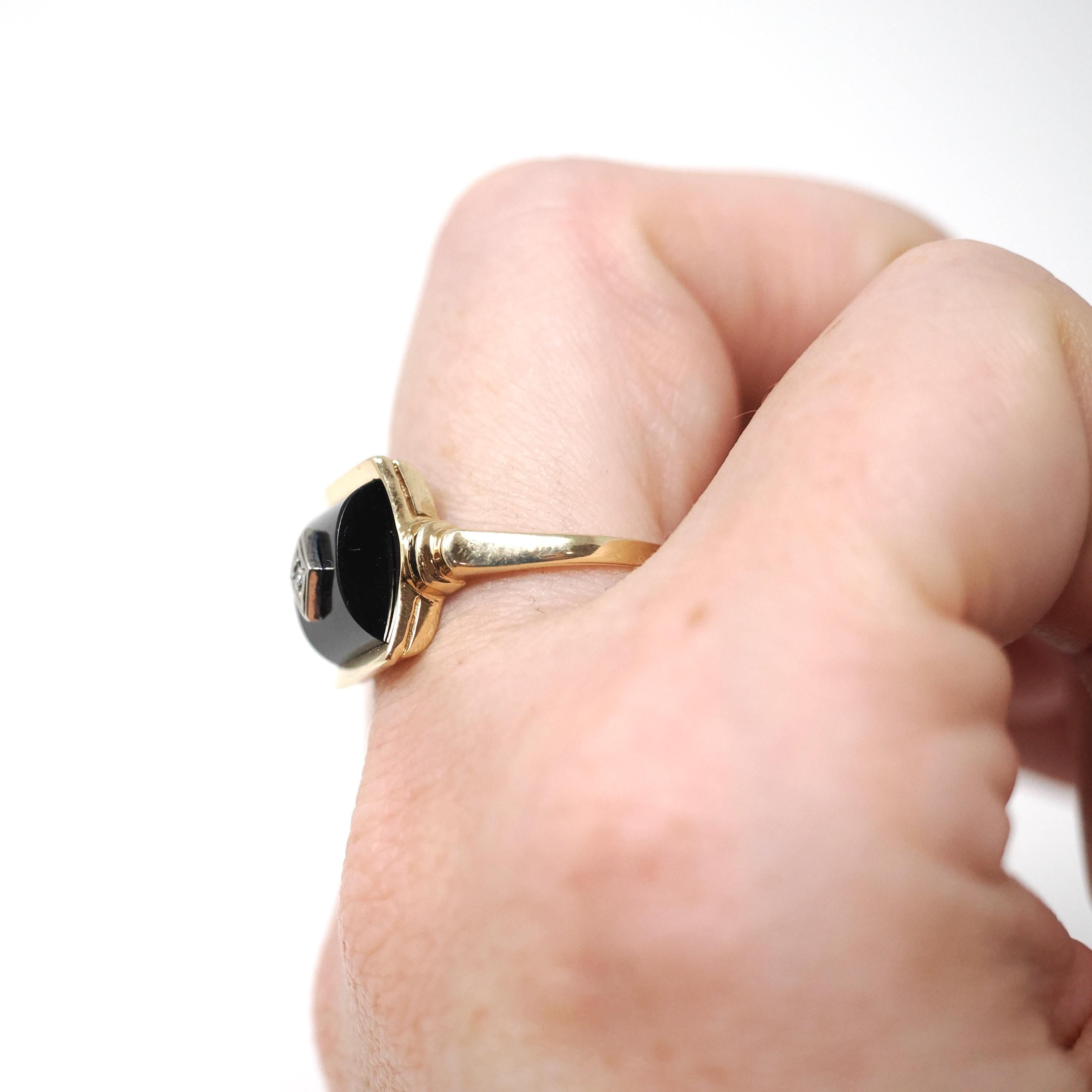 Vintage Onyx Ring - Retro 10k Yellow Gold Black Curved Fancy Cut Gemstone - Circa 1940s Era Size 7.25 Natural Diamond Statement Fine Jewelry