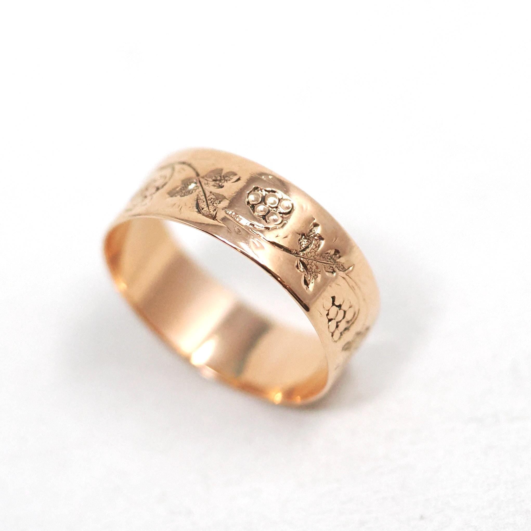 Antique Cigar Band - Edwardian 10k Rose Gold Nature Inspired Grape Leaf Engraved Ring - Circa 1900s Era Size 7 3/4 Fine Initial MLK Jewelry