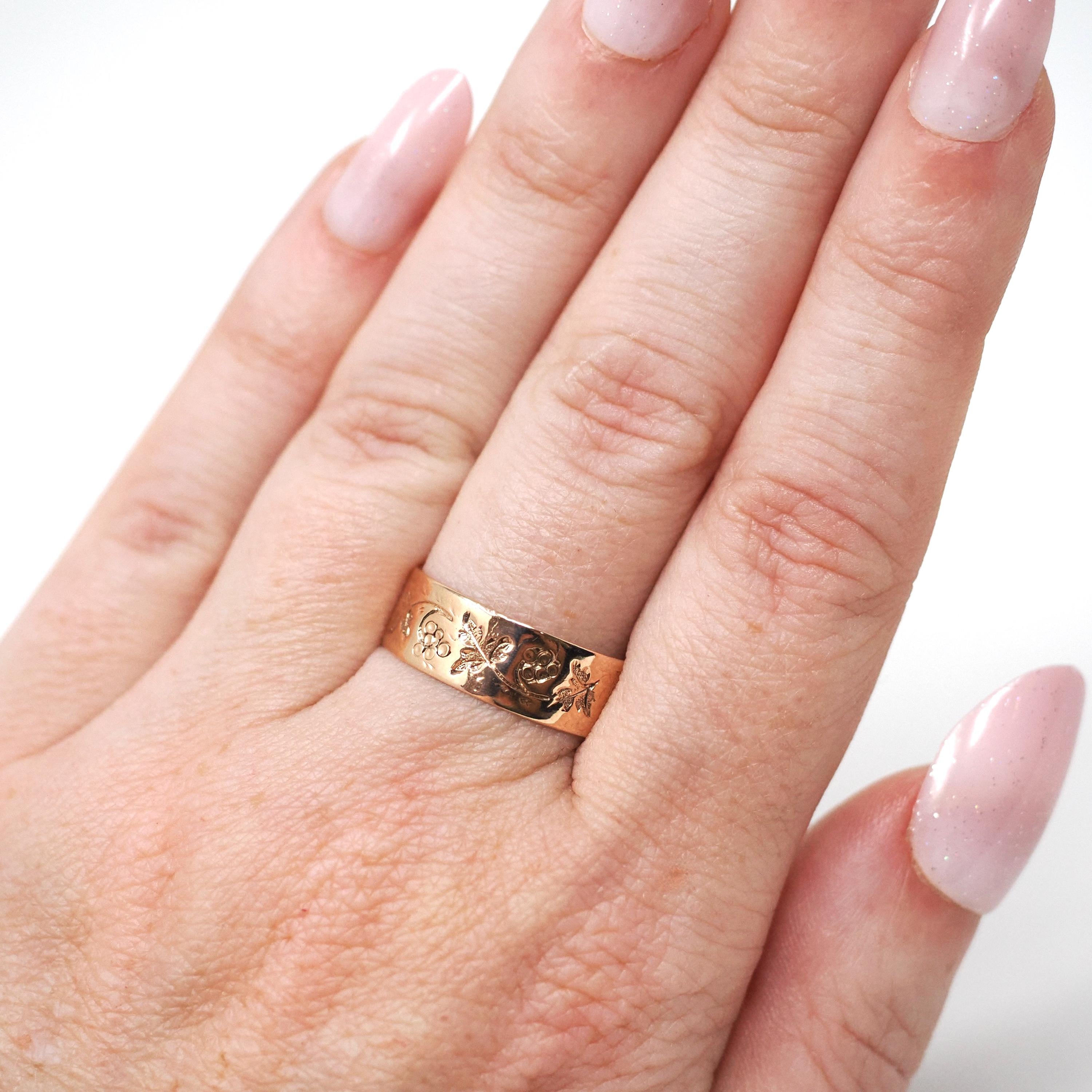 Antique Cigar Band - Edwardian 10k Rose Gold Nature Inspired Grape Leaf Engraved Ring - Circa 1900s Era Size 7 3/4 Fine Initial MLK Jewelry