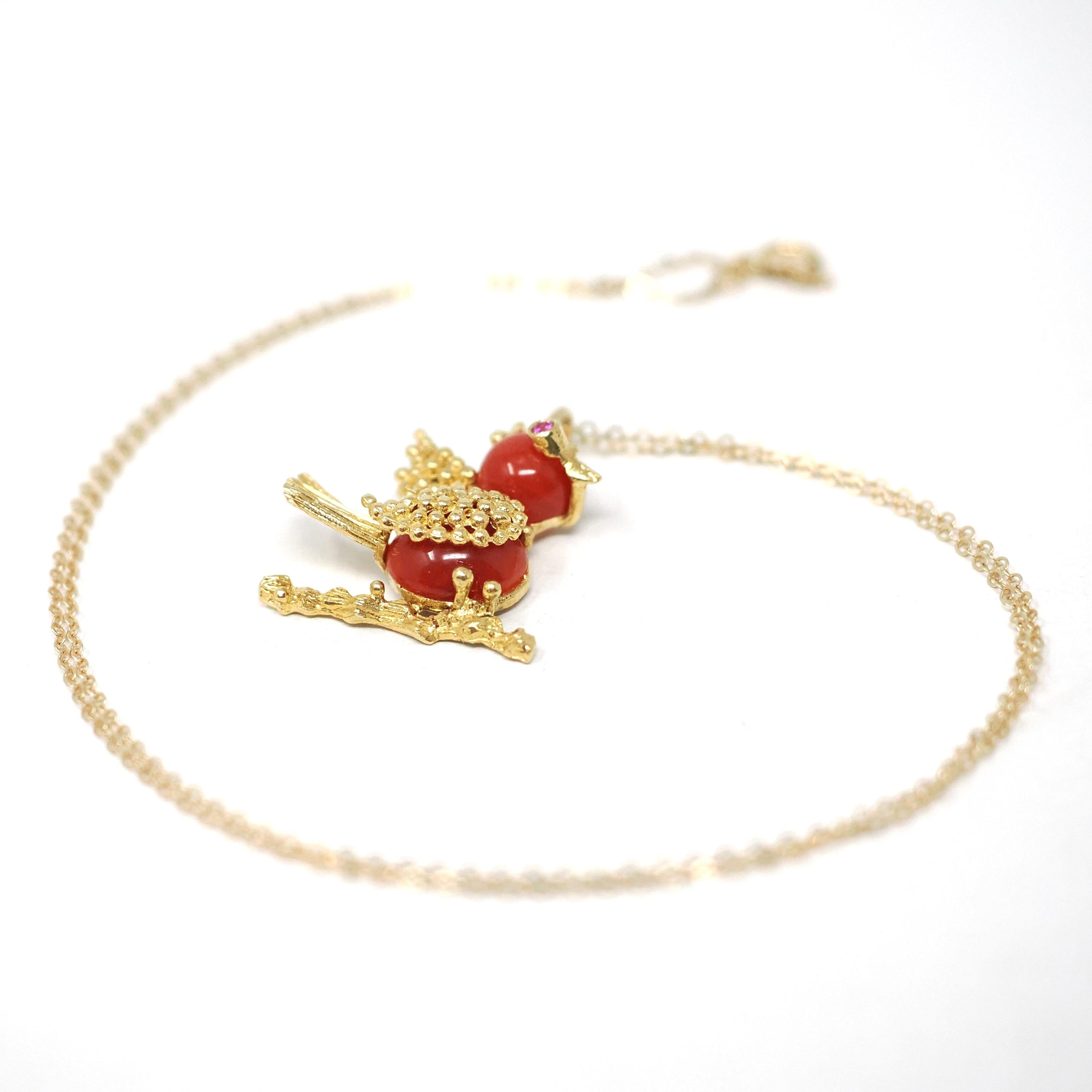 Vintage Tanager Pendant - Retro Era 18k Yellow Gold Figural Avian Coral Charm Necklace - Circa 1970s Ruby Eyes Fine Dainty Bird Fine Jewelry