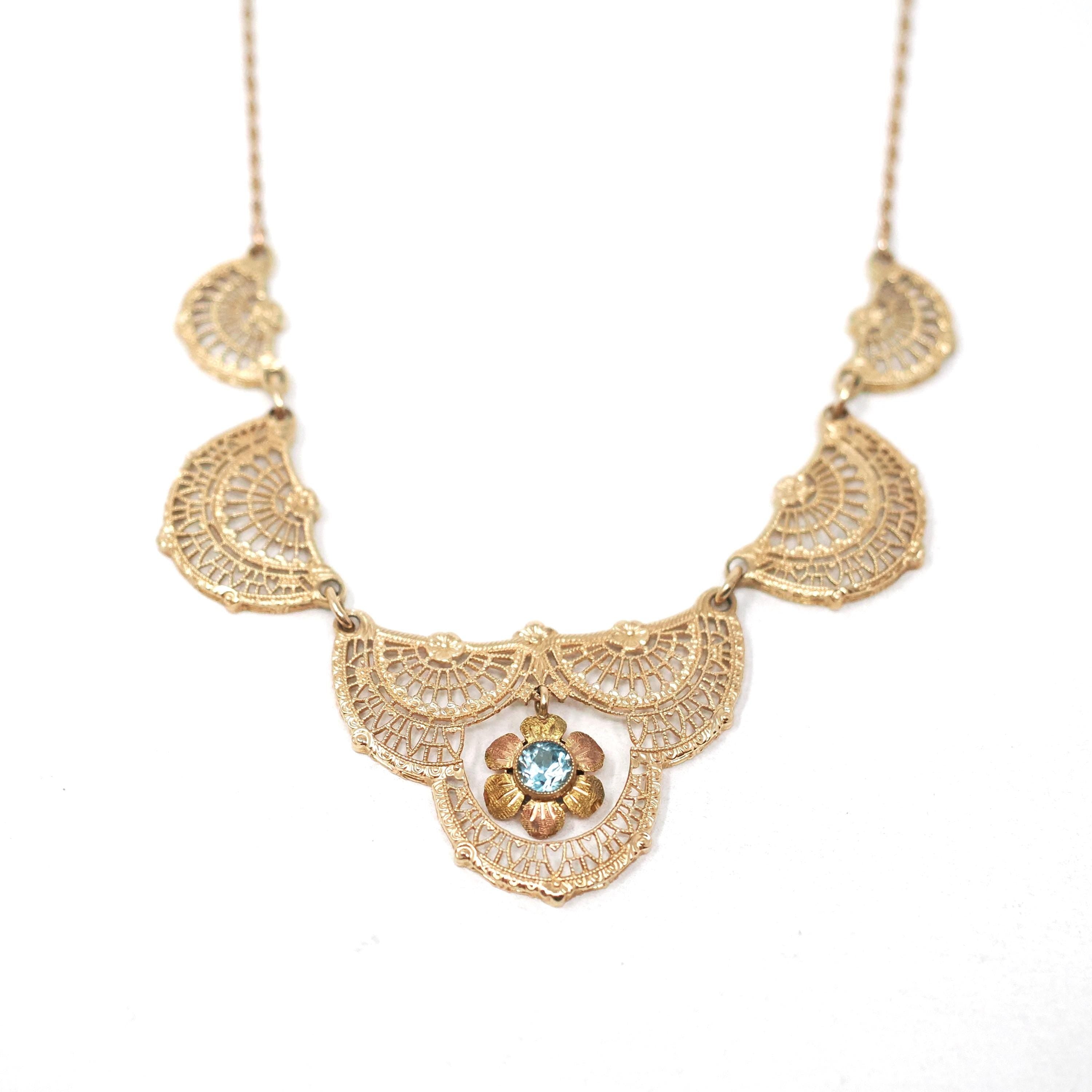 Vintage Filigree Necklace - Mid Century 10k Yellow Gold Natural Blue Zircon Panel Festoon - Early 1940s Deco Style Graduated Fine Jewelry