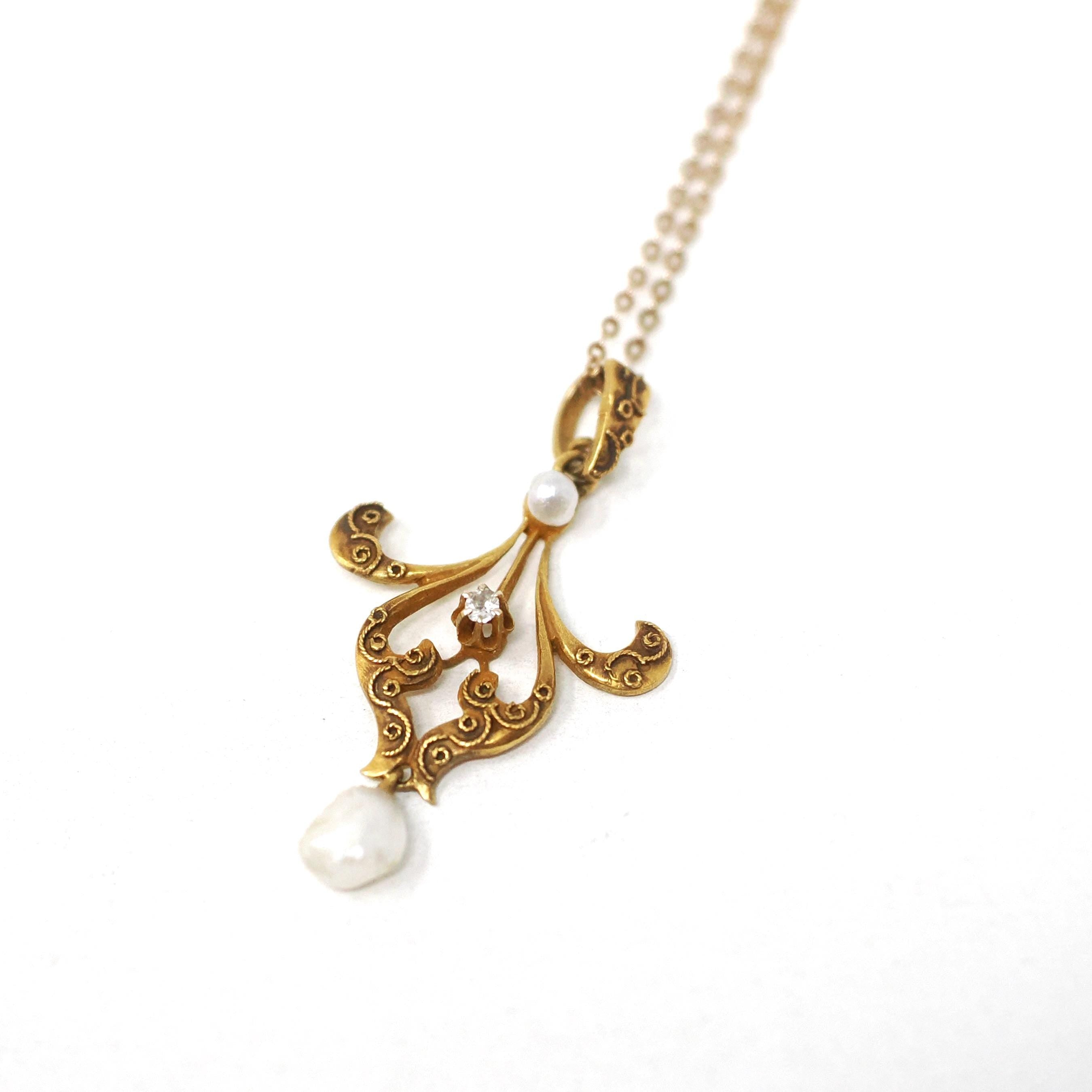 Antique Lavalier Pendant - Vintage 10k Yellow Gold Natural Diamond Baroque Seed Pearl Charm Necklace - Edwardian Circa 1910 Era Fine Jewelry