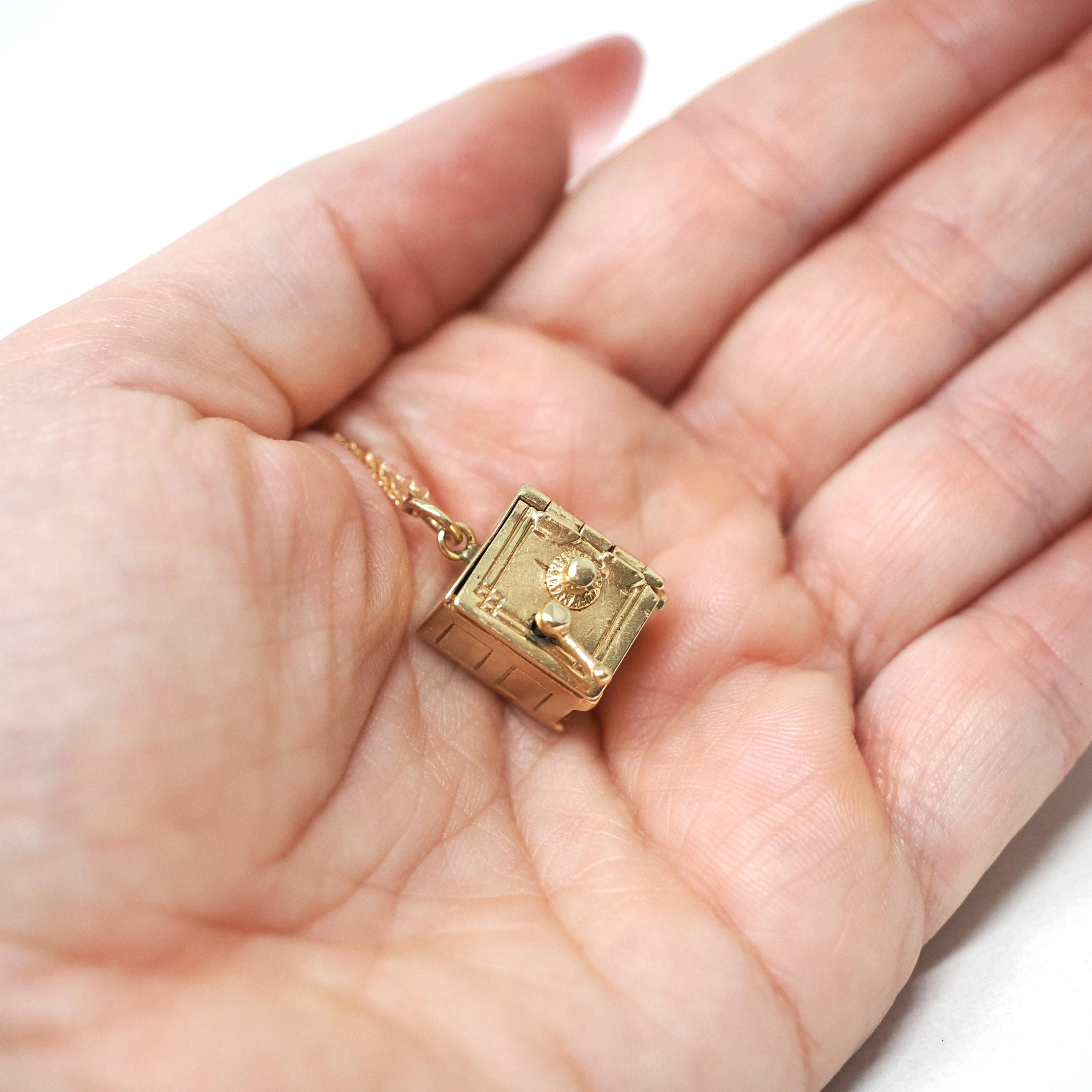 Money Safe Charm - Mid Century 14k Yellow Gold Pendant Vault Necklace - Vintage Circa 1950s Era Kinetic Moveable Handle Fine 50s Jewelry