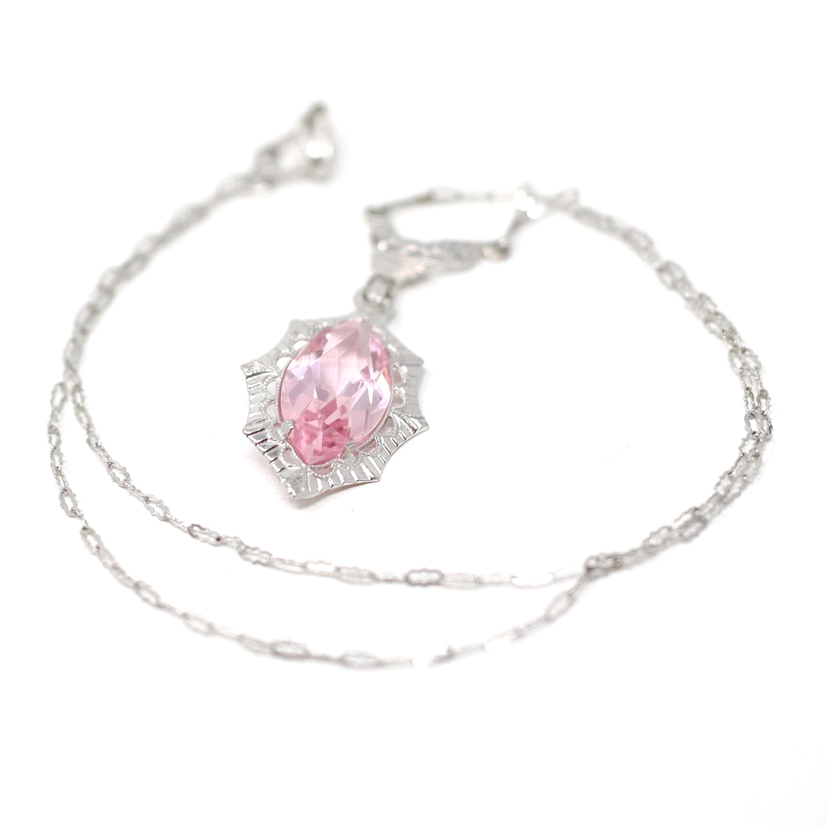 Art Deco Lavalier - Vintage 10k White Gold Simulated Pink Sapphire Necklace Pendant Charm - Circa 1930s Era Glass Marquise Fine 30s Jewelry
