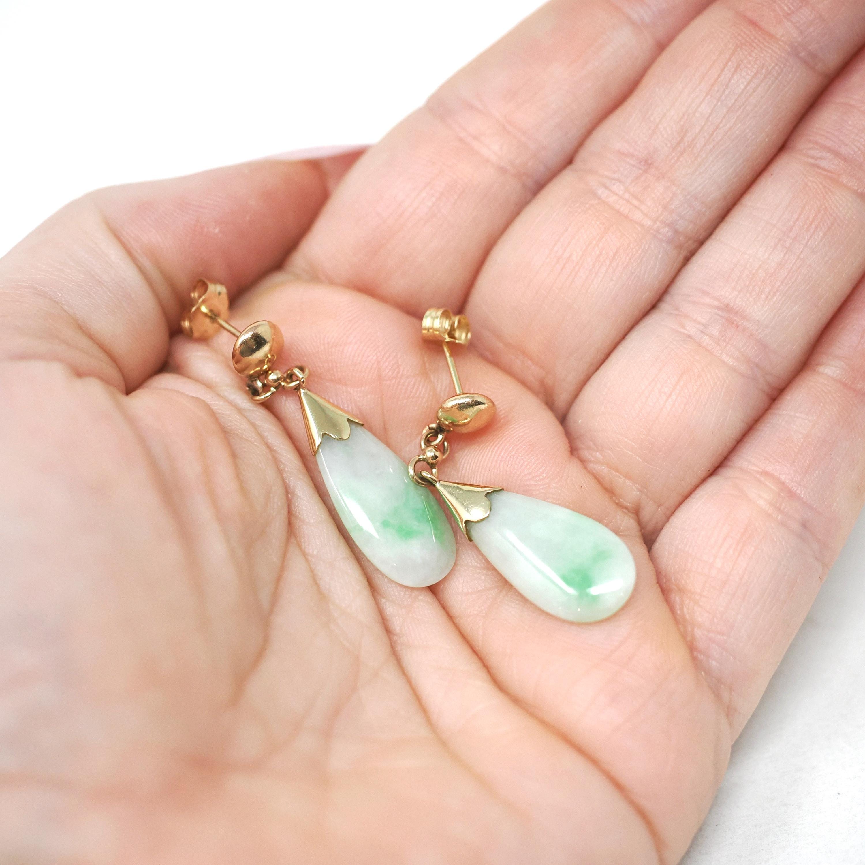 Jadeite Drop Earrings - Vintage 14k Yellow Gold Natural Teardrop Gem Drops - Light Green Circa 1960s Era Pierced Friction Post Fine Jewelry