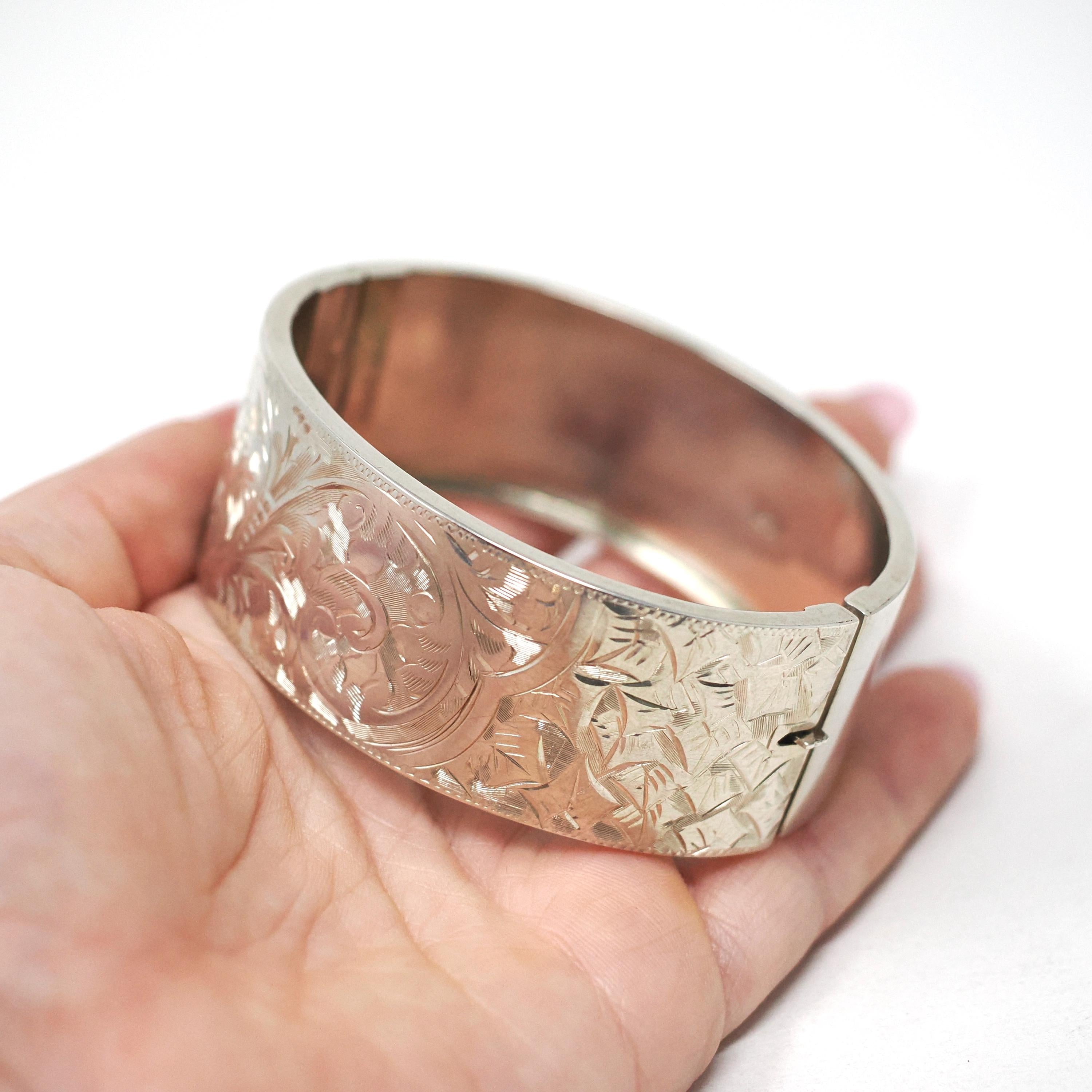 Antique Floral Bangle - Art Deco Sterling Silver Engraved Nature Leaf Designs - Hallmarked 1920 Wide Stacking Hinged Birmingham Jewelry