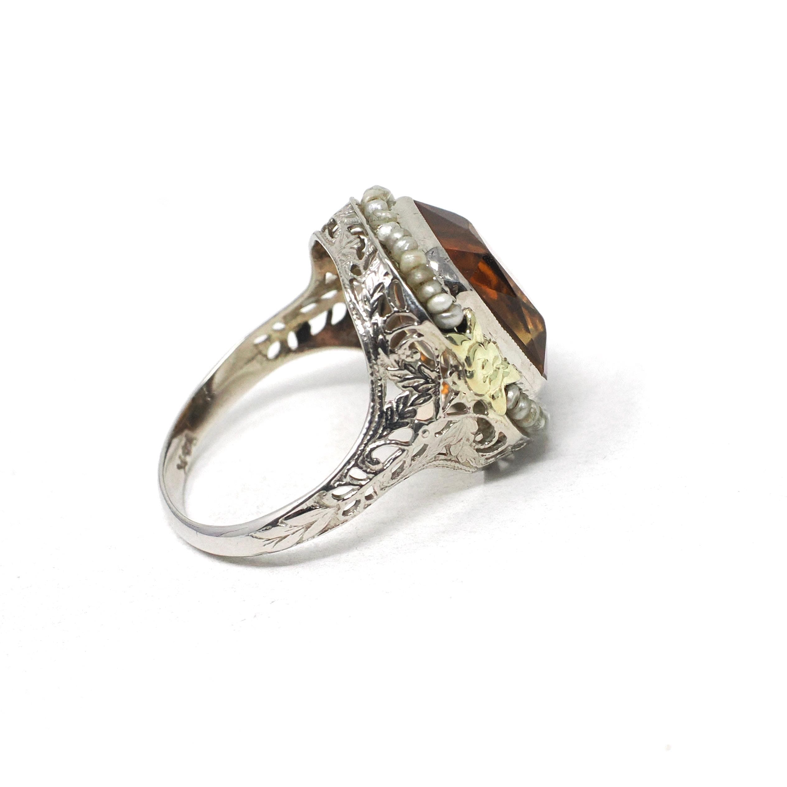 Art Deco Citrine Ring - Vintage 14k White Gold Natural Orange Gemstone Seed Pearl Halo - Circa 1930s Era Size 6 1/4 Cocktail Fine Jewelry