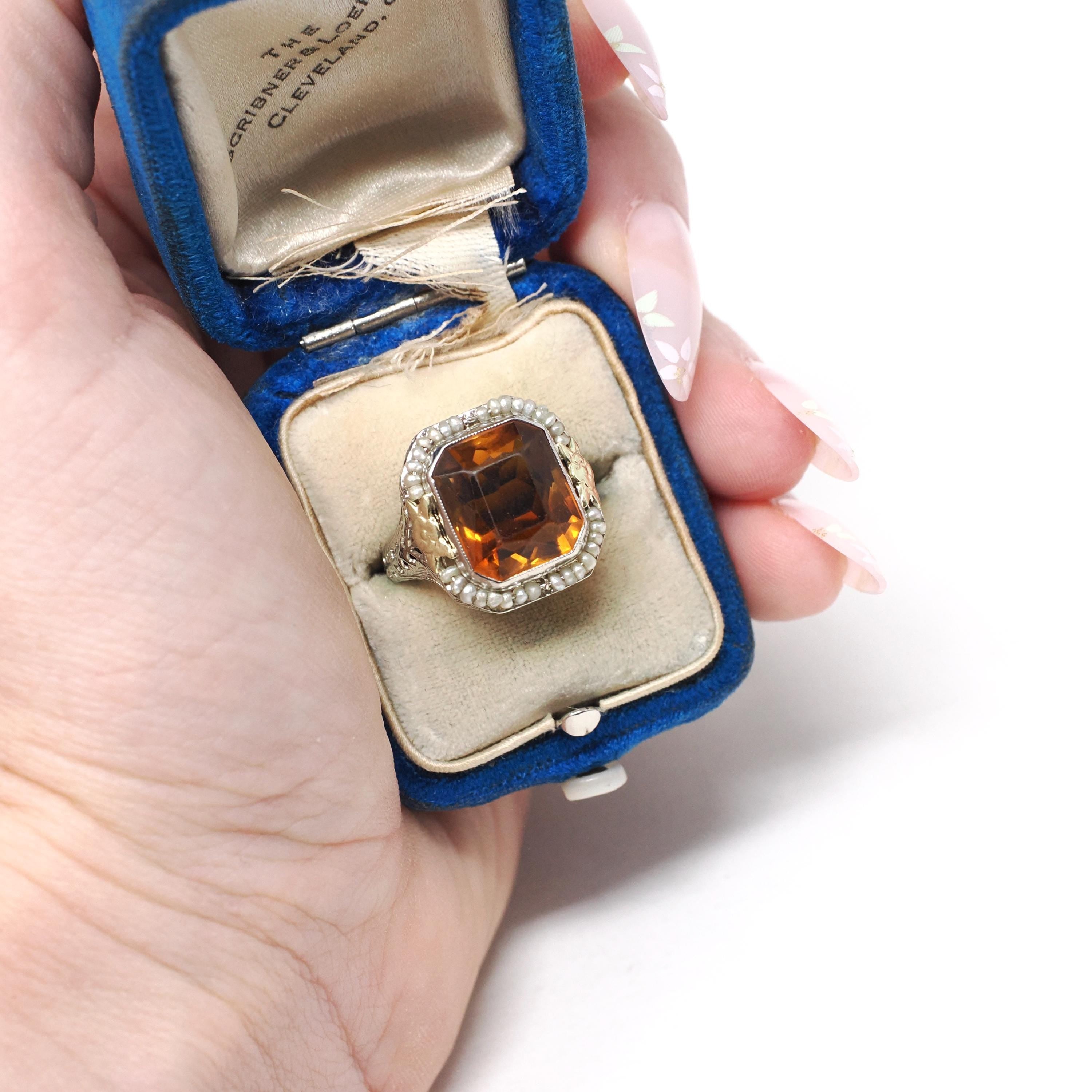 Art Deco Citrine Ring - Vintage 14k White Gold Natural Orange Gemstone Seed Pearl Halo - Circa 1930s Era Size 6 1/4 Cocktail Fine Jewelry