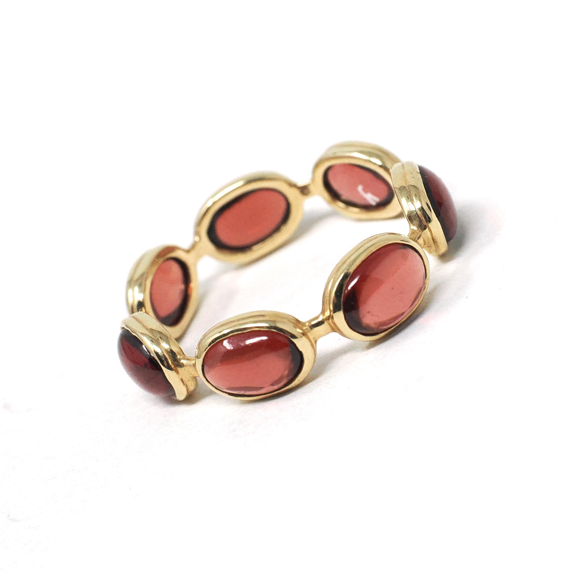 Garnet Eternity Ring - Estate 14k Yellow Gold Natural Red Oval Cabochon Gemstones - Modern Circa 2000s Era Size 8 January Birthstone Jewelry