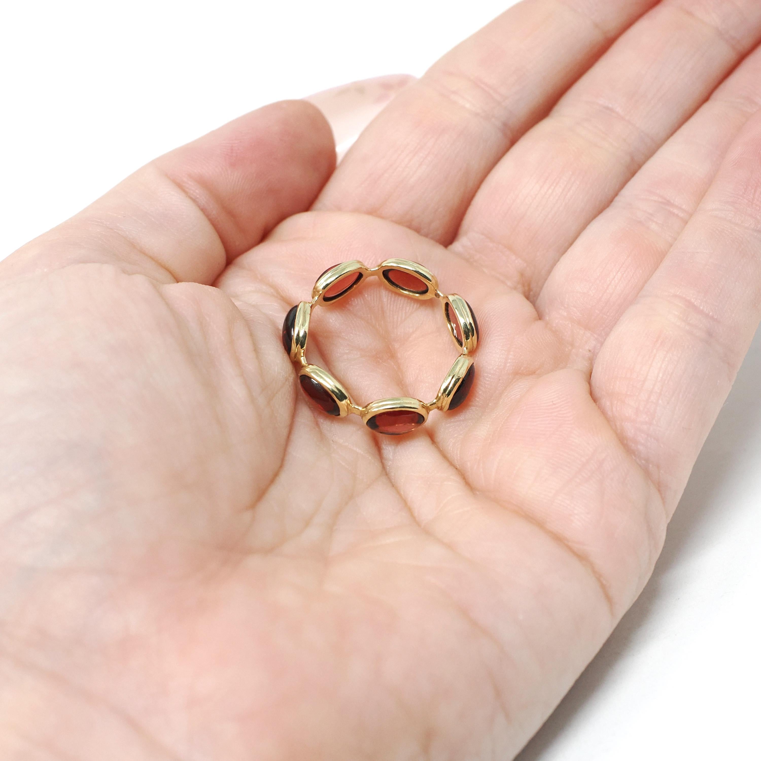 Garnet Eternity Ring - Estate 14k Yellow Gold Natural Red Oval Cabochon Gemstones - Modern Circa 2000s Era Size 8 January Birthstone Jewelry