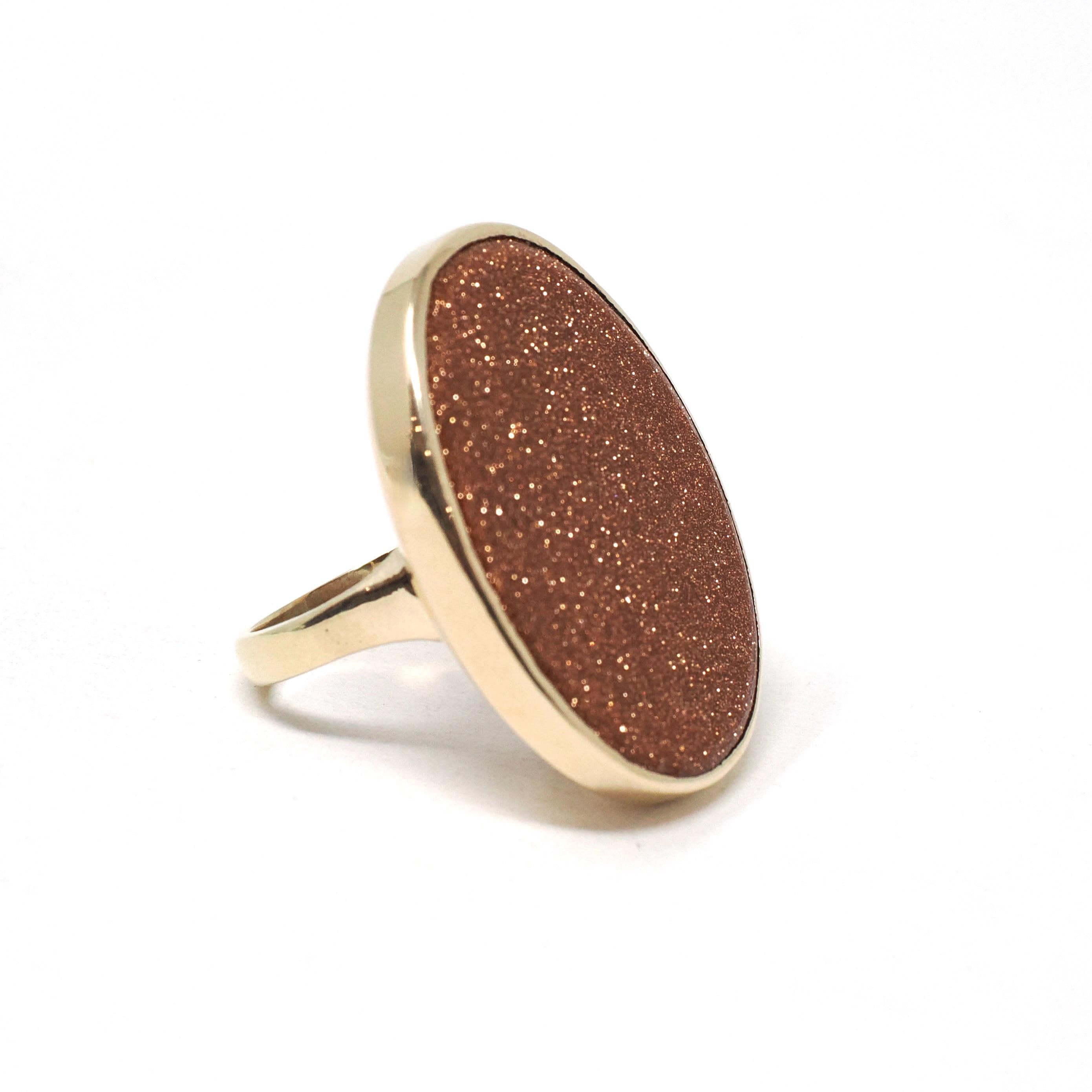 Retro Goldstone Ring - Vintage 10k Yellow Gold Bezel Set Oval Glittering Orange Solitaire Statement - Circa 1960s Era Size 6.25 Fine Jewelry