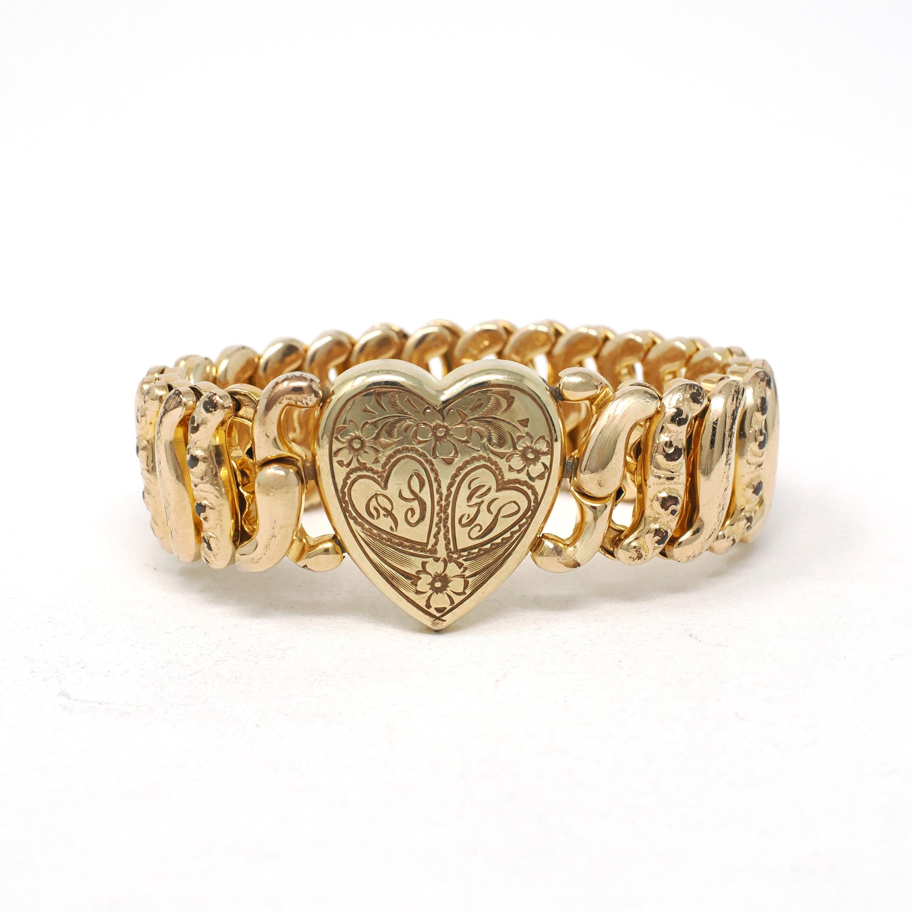 Vintage Expansion Bracelet - Mid Century Gold Filled Heart Engraved Flower Stretch - Circa 1940s Era American Queen Pitman & Keeler Jewelry