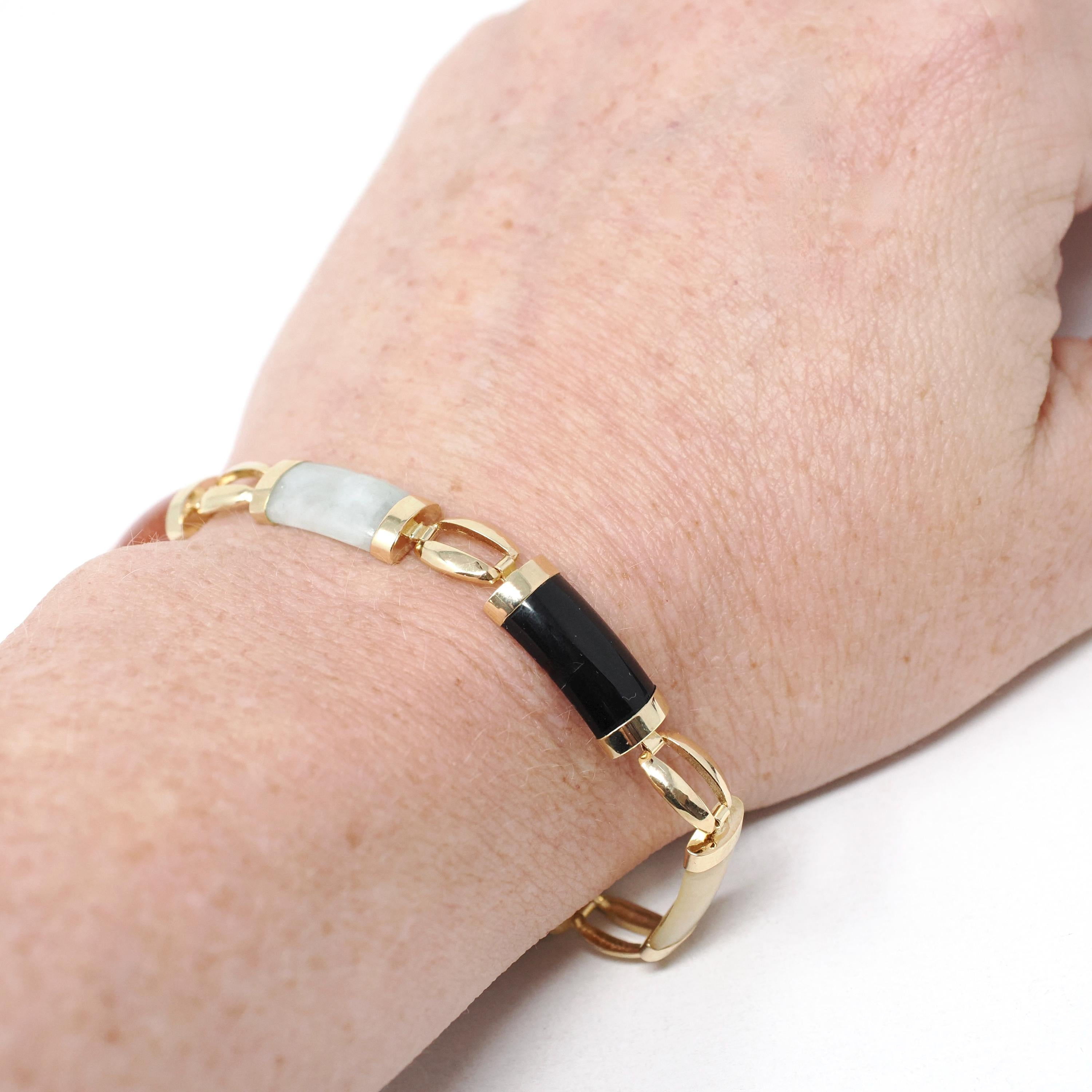 Multi Gemstone Bracelet - Modern Estate 14k Yellow Gold Jadeite & Black Chalcedony - Circa 1990s Era 7.5 Inches Fine Statement Jewelry