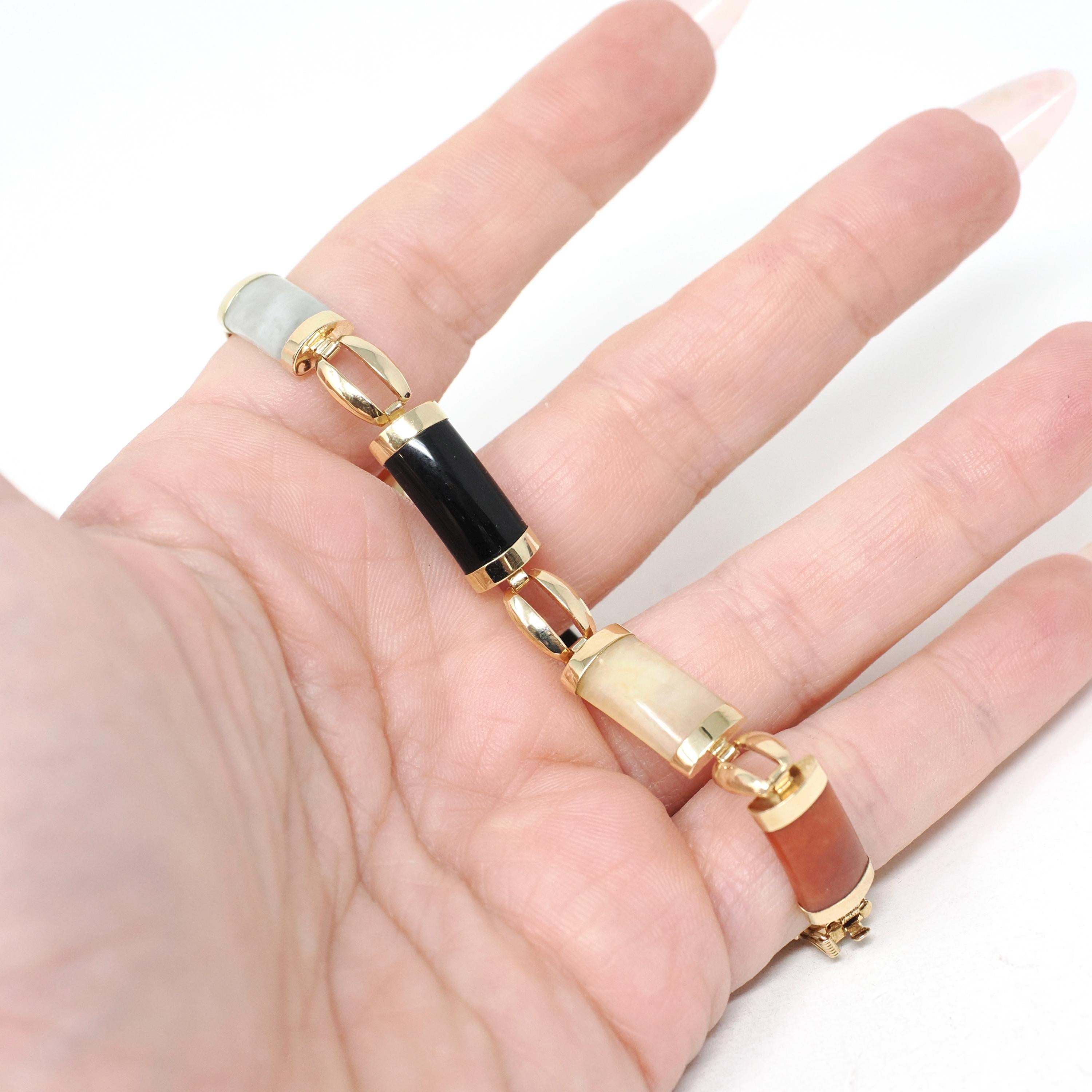 Multi Gemstone Bracelet - Modern Estate 14k Yellow Gold Jadeite & Black Chalcedony - Circa 1990s Era 7.5 Inches Fine Statement Jewelry