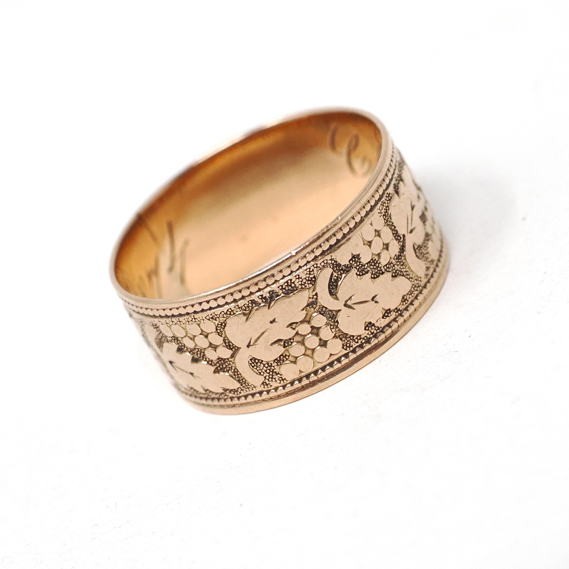 Antique Cigar Band - Victorian Era 10k Rose Gold Engraved Dot & Leaf Designs Ring - Dated 1874 Size 5 1/2 Unisex Wide Wedding Fine Jewelry
