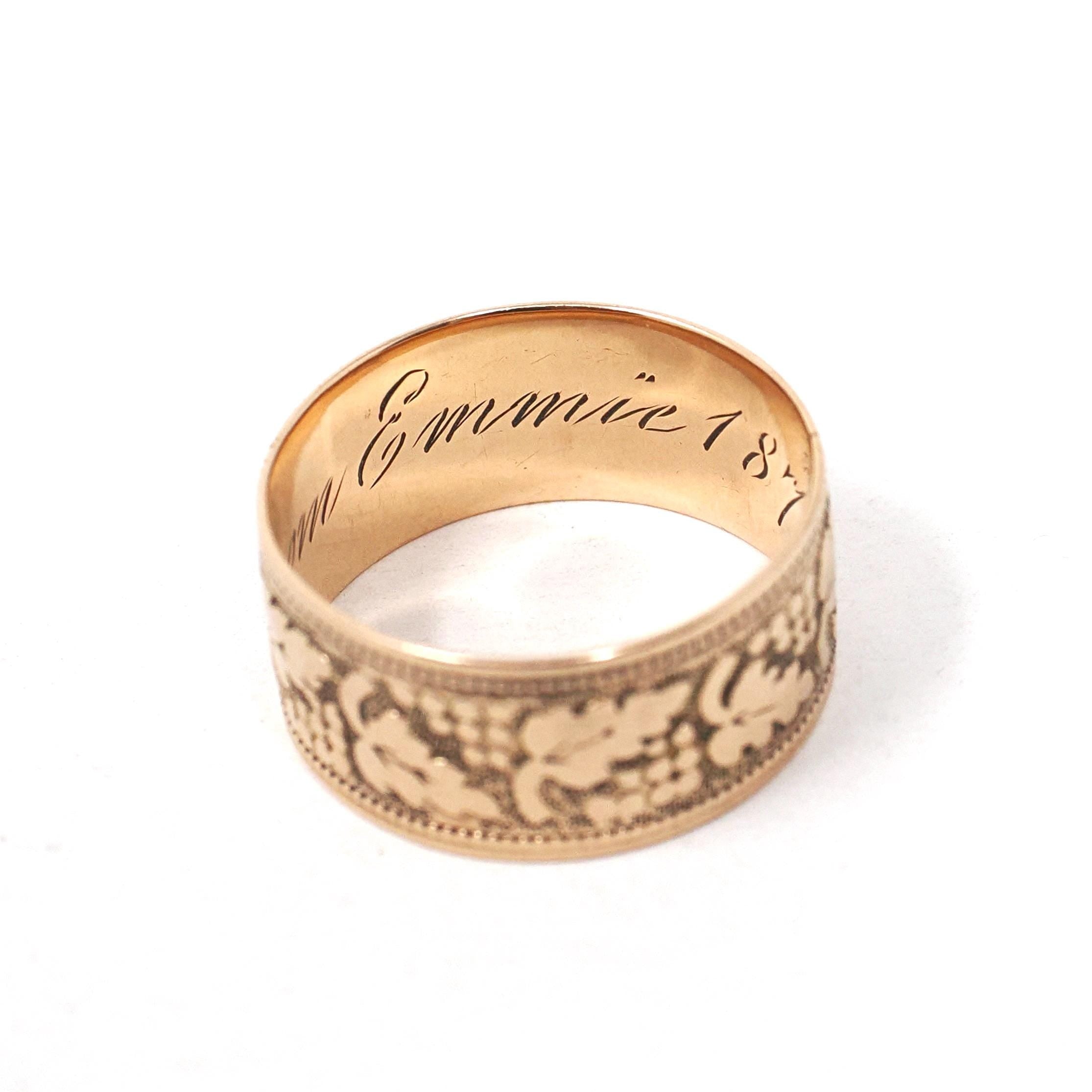 Antique Cigar Band - Victorian Era 10k Rose Gold Engraved Dot & Leaf Designs Ring - Dated 1874 Size 5 1/2 Unisex Wide Wedding Fine Jewelry