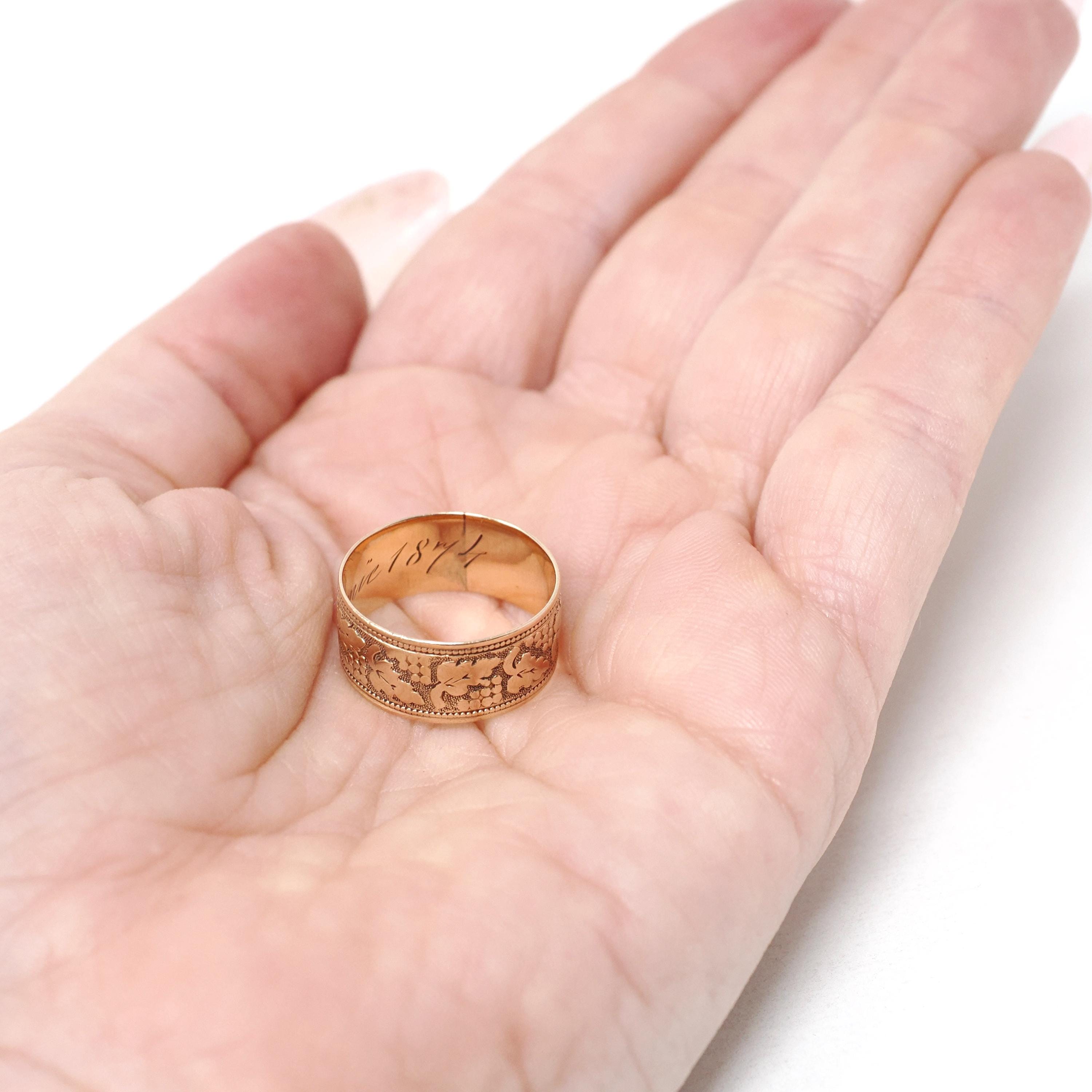 Antique Cigar Band - Victorian Era 10k Rose Gold Engraved Dot & Leaf Designs Ring - Dated 1874 Size 5 1/2 Unisex Wide Wedding Fine Jewelry