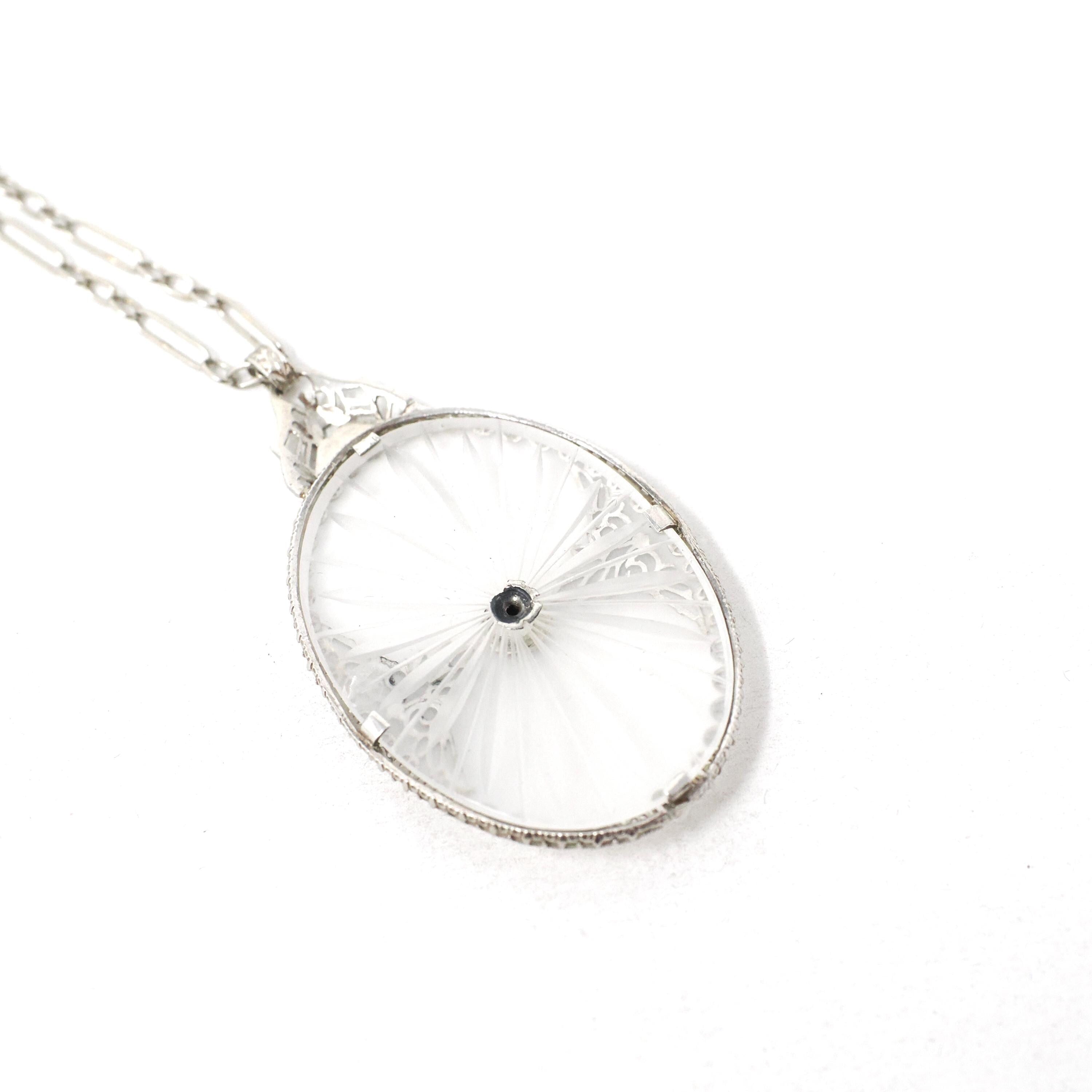 Rock Crystal Quartz Necklace - Art Deco 14k White Gold Oval Natural Diamond Pendant - Antique Circa 1930s Statement Filigree Fine Jewelry