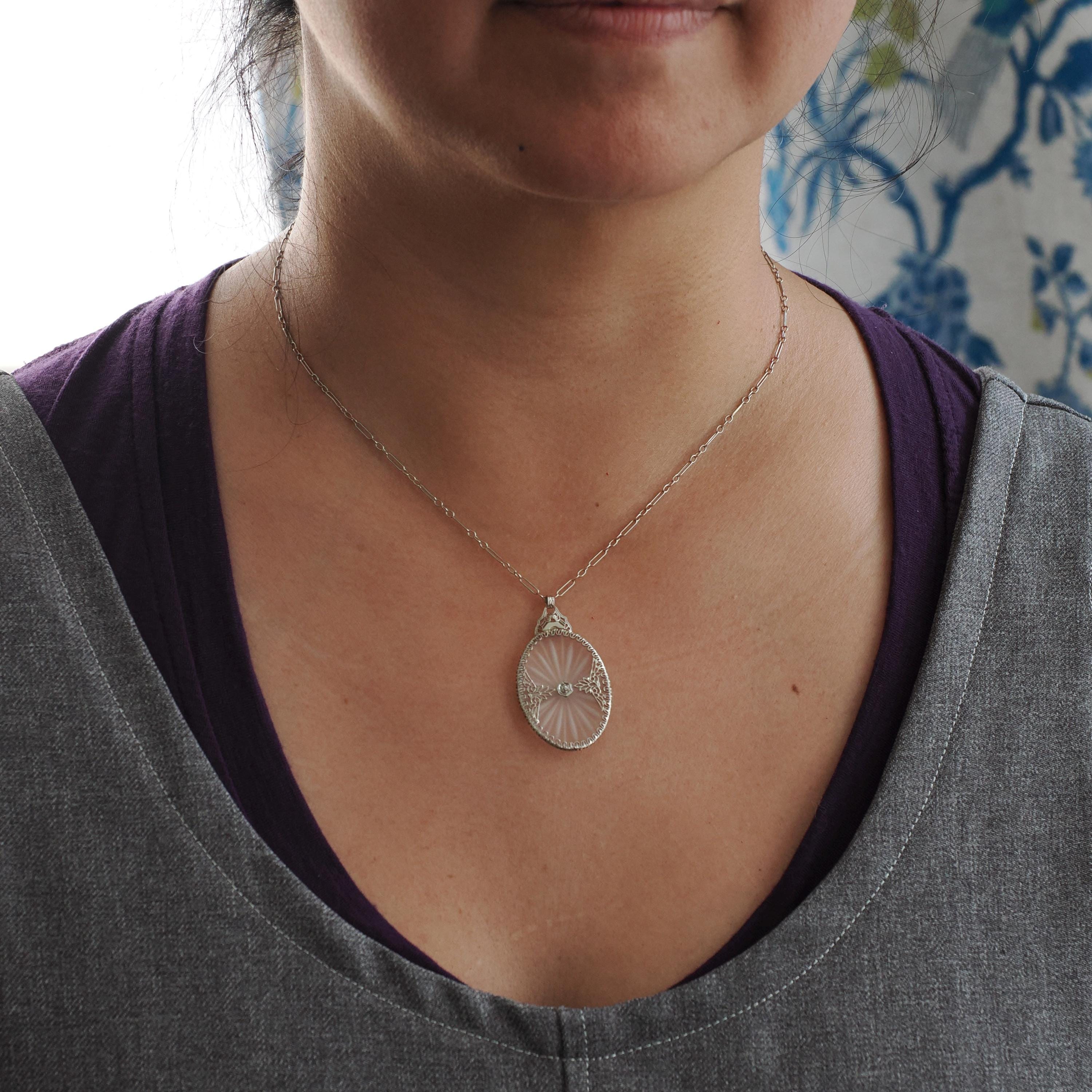 Rock Crystal Quartz Necklace - Art Deco 14k White Gold Oval Natural Diamond Pendant - Antique Circa 1930s Statement Filigree Fine Jewelry