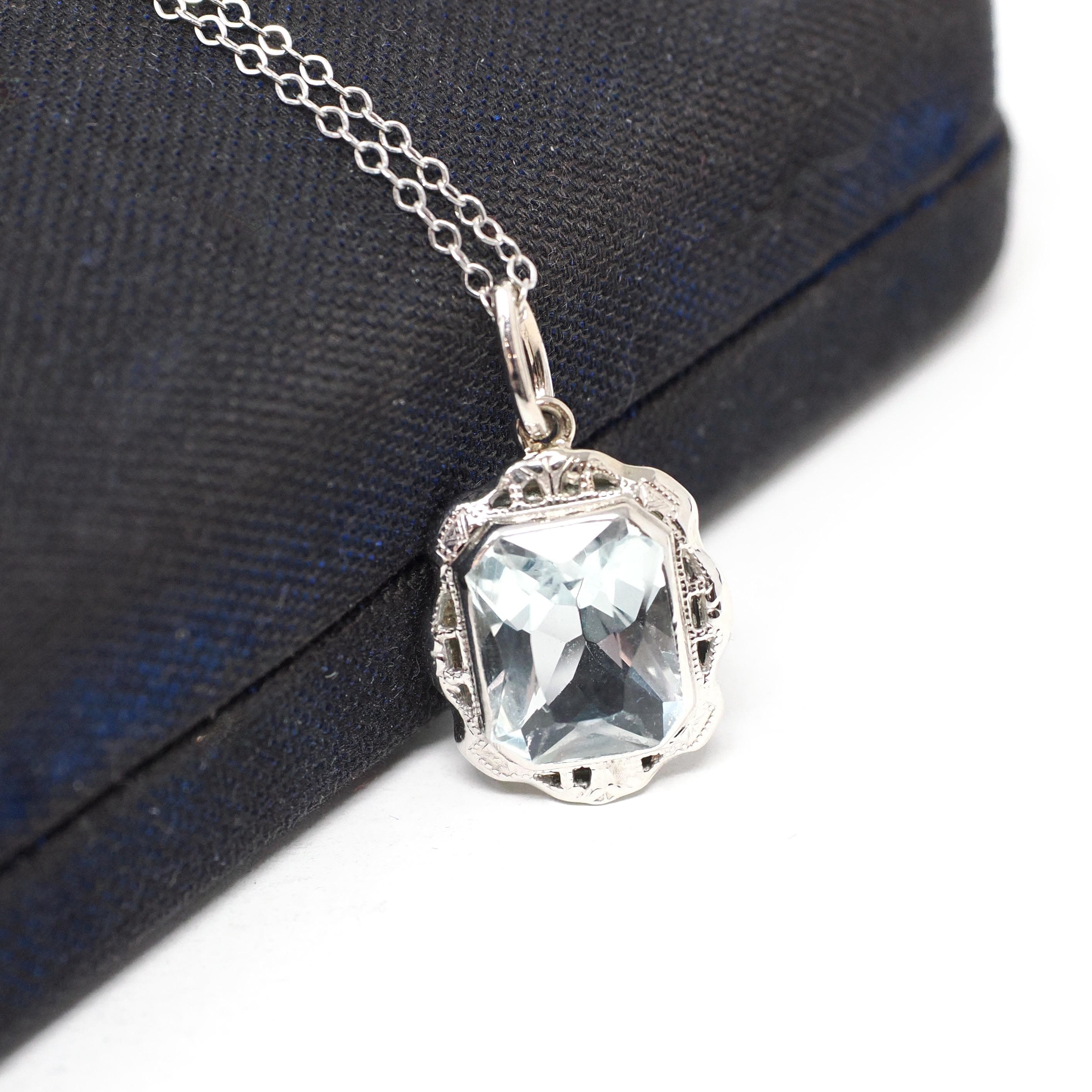 Vintage Aquamarine Pendant - Art Deco Era 10k White Gold Natural Blue Gem Conversion Charm Necklace - Circa 1930s Era Fine Filigree Jewelry