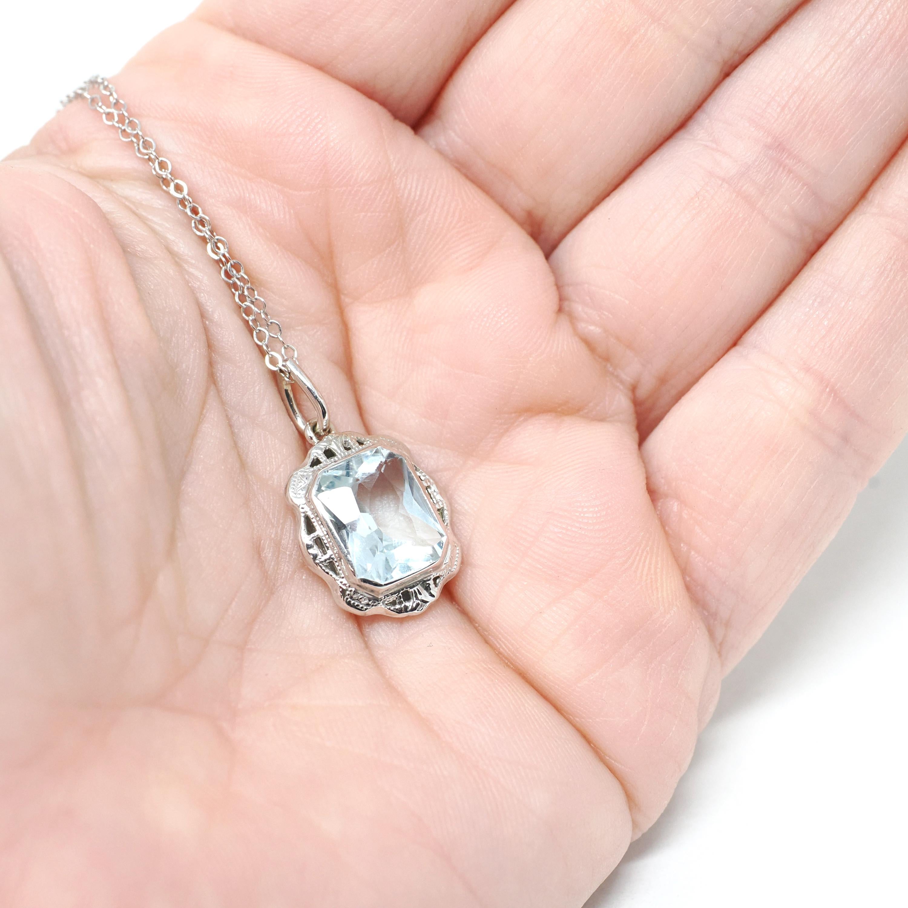 Vintage Aquamarine Pendant - Art Deco Era 10k White Gold Natural Blue Gem Conversion Charm Necklace - Circa 1930s Era Fine Filigree Jewelry