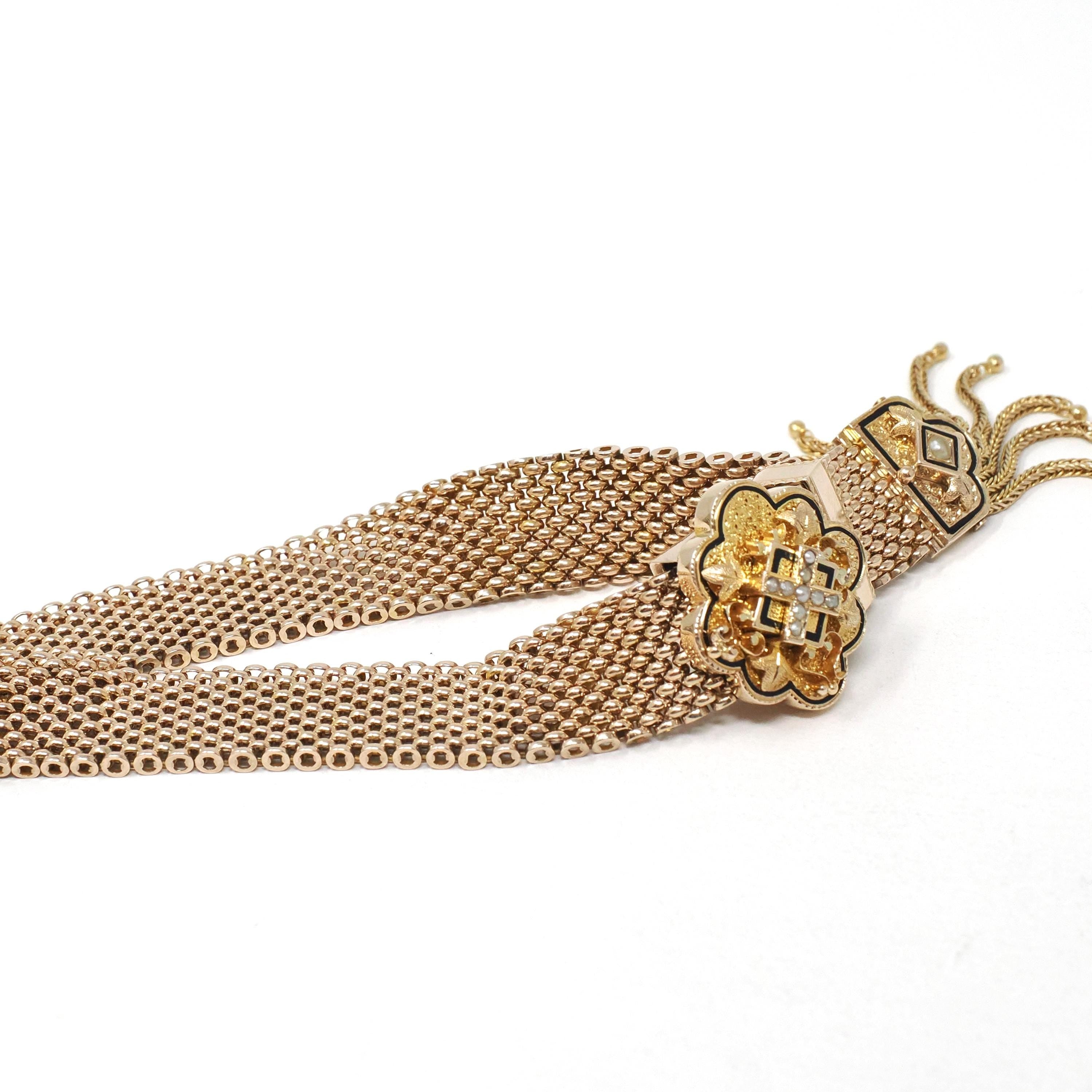 Victorian Mesh Slide Bracelet - Antique 10k Yellow Gold Black Enamel Taille D'epargne Seed Pearl - Vintage 1800s Tassel Rare Fine Jewelry