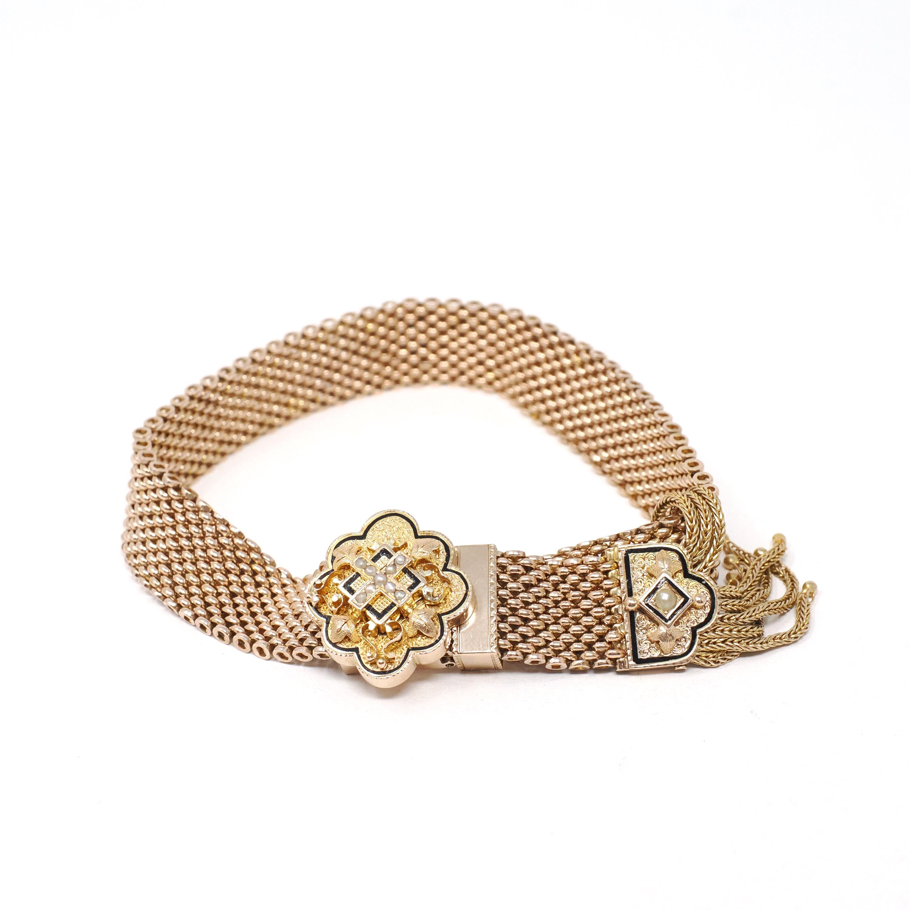 Victorian Mesh Slide Bracelet - Antique 10k Yellow Gold Black Enamel Taille D'epargne Seed Pearl - Vintage 1800s Tassel Rare Fine Jewelry