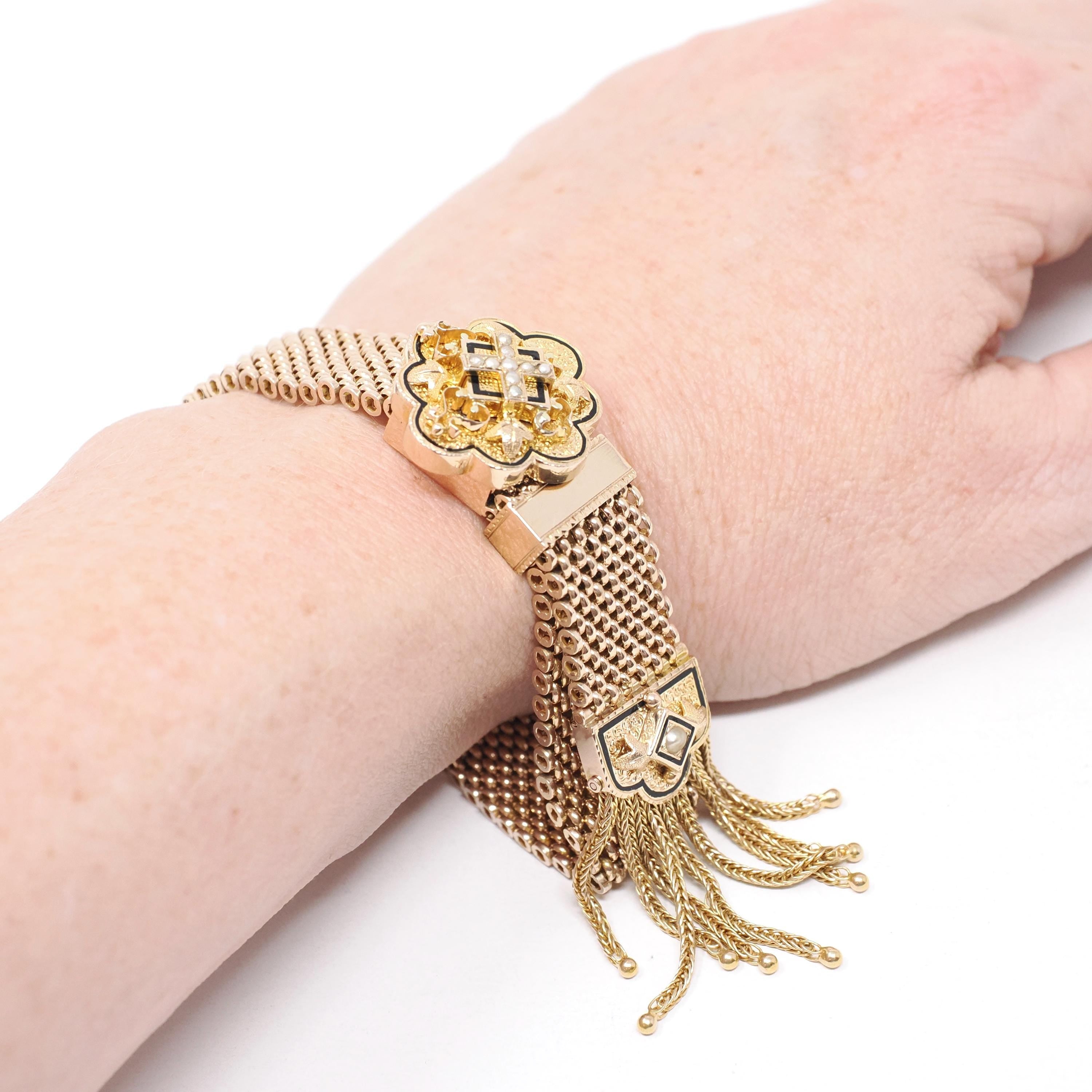 Victorian Mesh Slide Bracelet - Antique 10k Yellow Gold Black Enamel Taille D'epargne Seed Pearl - Vintage 1800s Tassel Rare Fine Jewelry