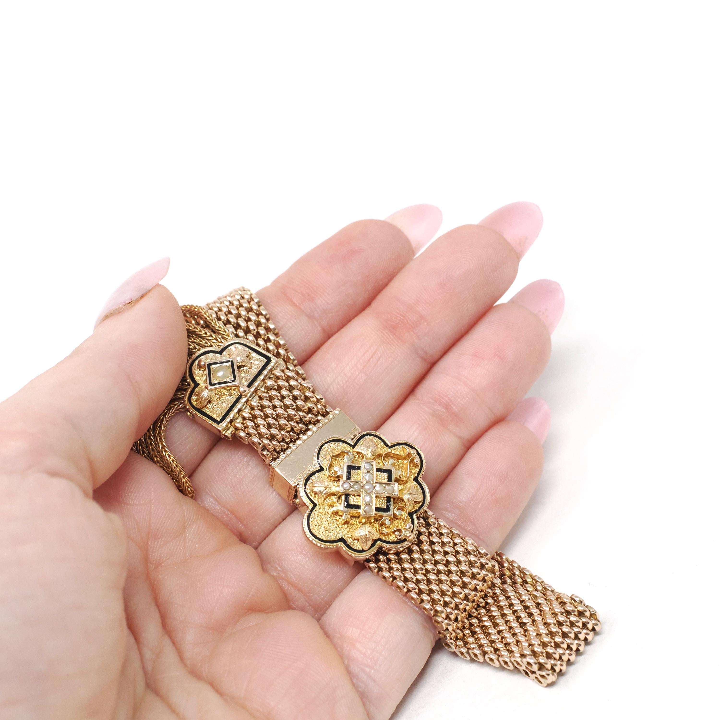 Victorian Mesh Slide Bracelet - Antique 10k Yellow Gold Black Enamel Taille D'epargne Seed Pearl - Vintage 1800s Tassel Rare Fine Jewelry