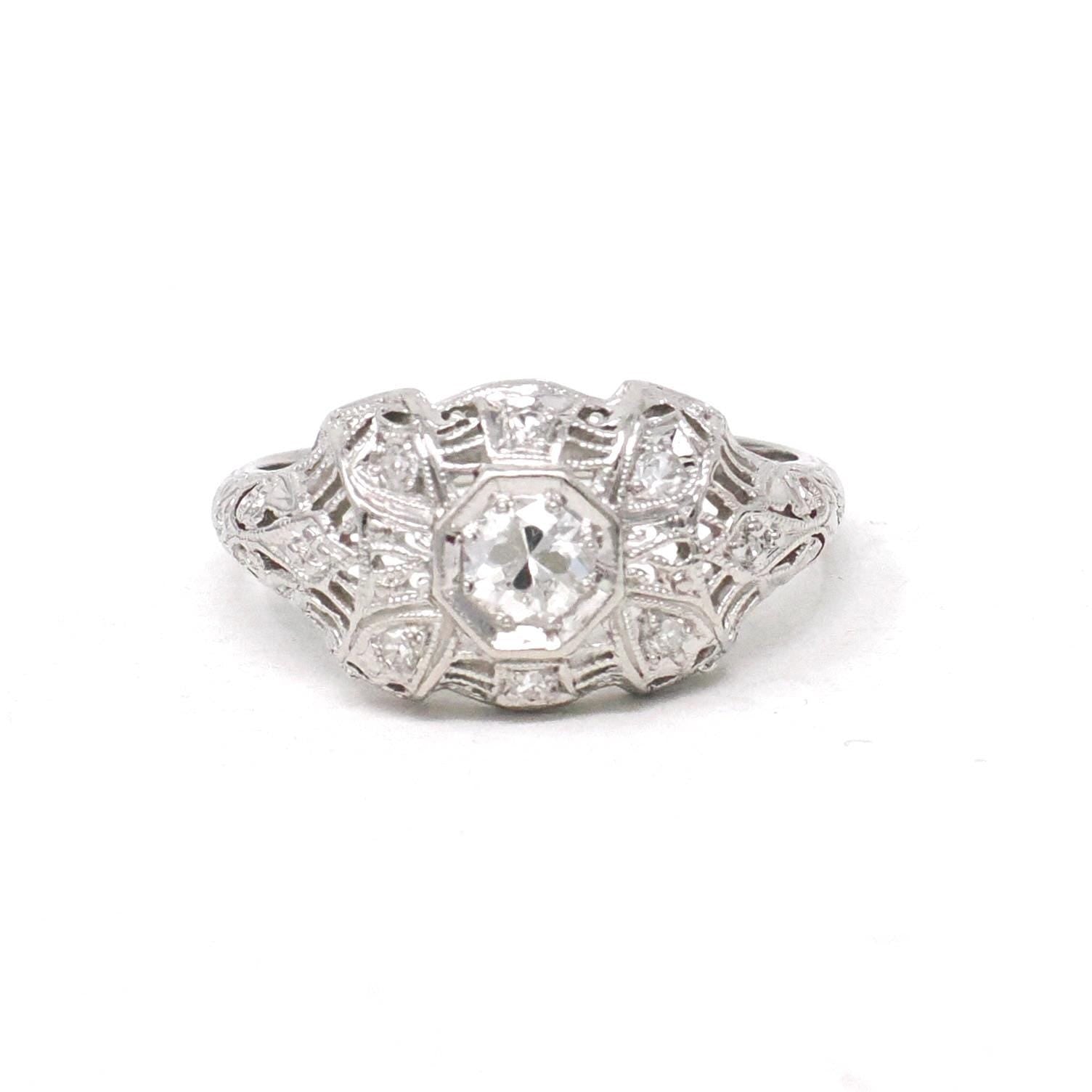Art Deco Diamond Ring - Vintage 19k White Gold .25 CTW Filigree Engagement - Circa 1930s Era Bridal Size 5 3/4 Octagonal Fine Jewelry