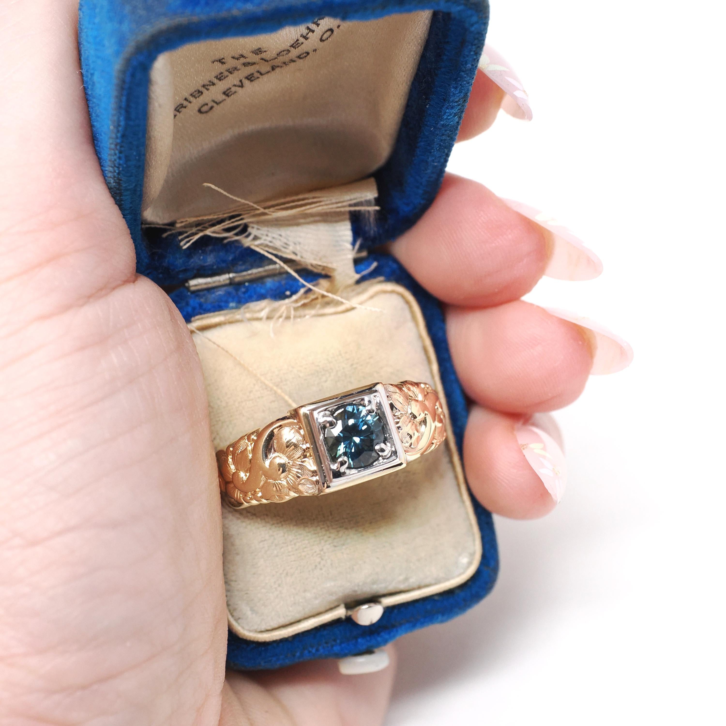 Montana Sapphire Ring - Vintage 14k Yellow & White Gold Natural Blue Gem Engagement - Circa 1960s Size 11 Two Tone Men's Unisex Fine Jewelry