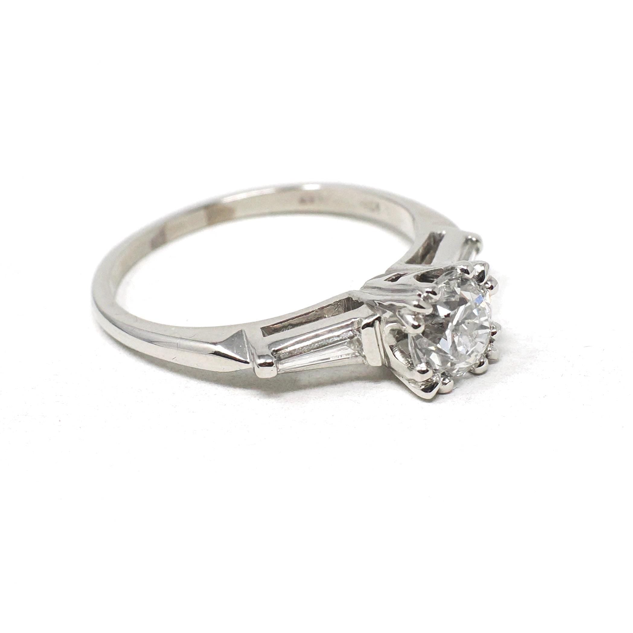 0.96 ct Diamond Engagement Ring - Circa 1950s Platinum Old European Cut & Baguette Diamonds - Size 7 1/4 Mid Century Era Fine Bridal Jewelry
