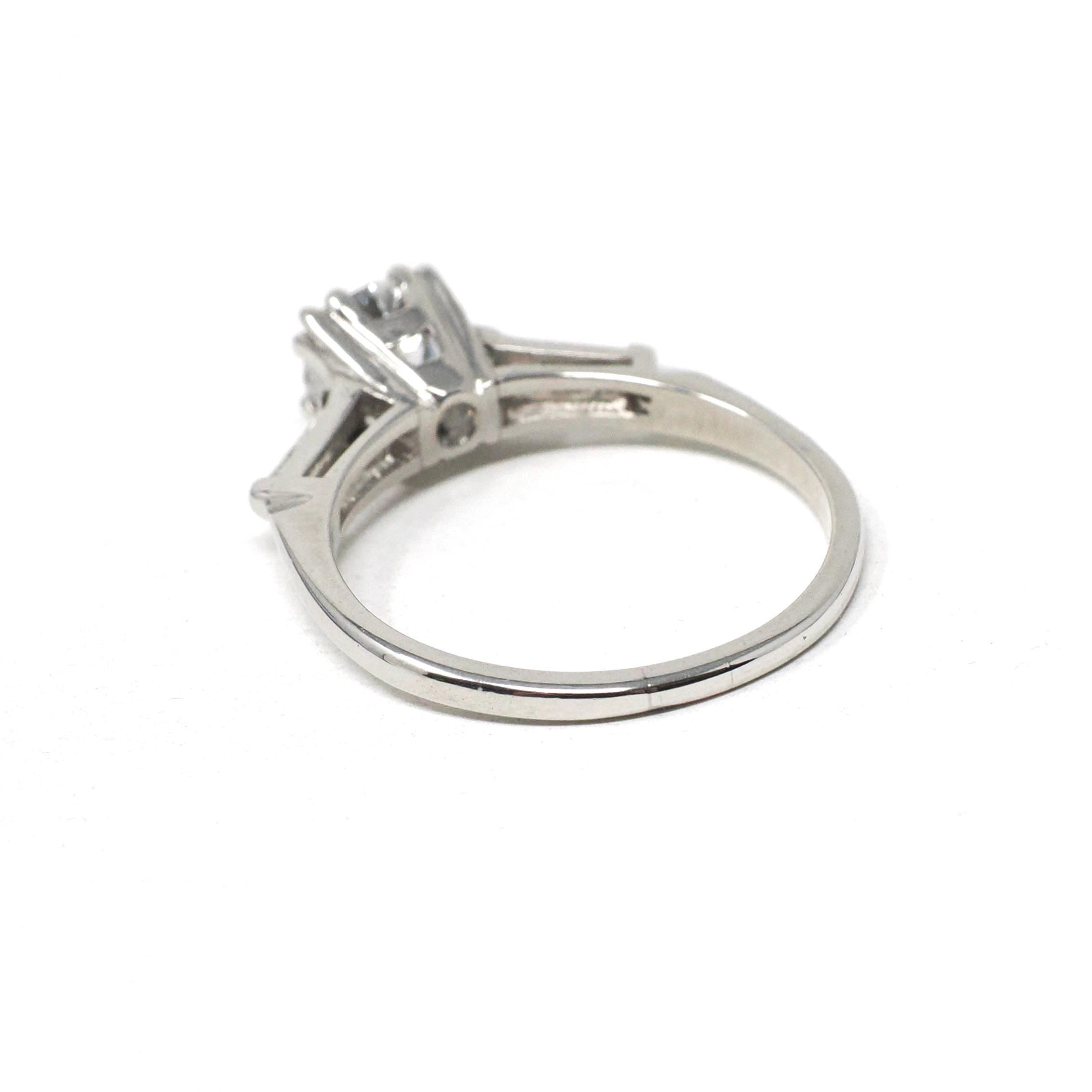 0.96 ct Diamond Engagement Ring - Circa 1950s Platinum Old European Cut & Baguette Diamonds - Size 7 1/4 Mid Century Era Fine Bridal Jewelry