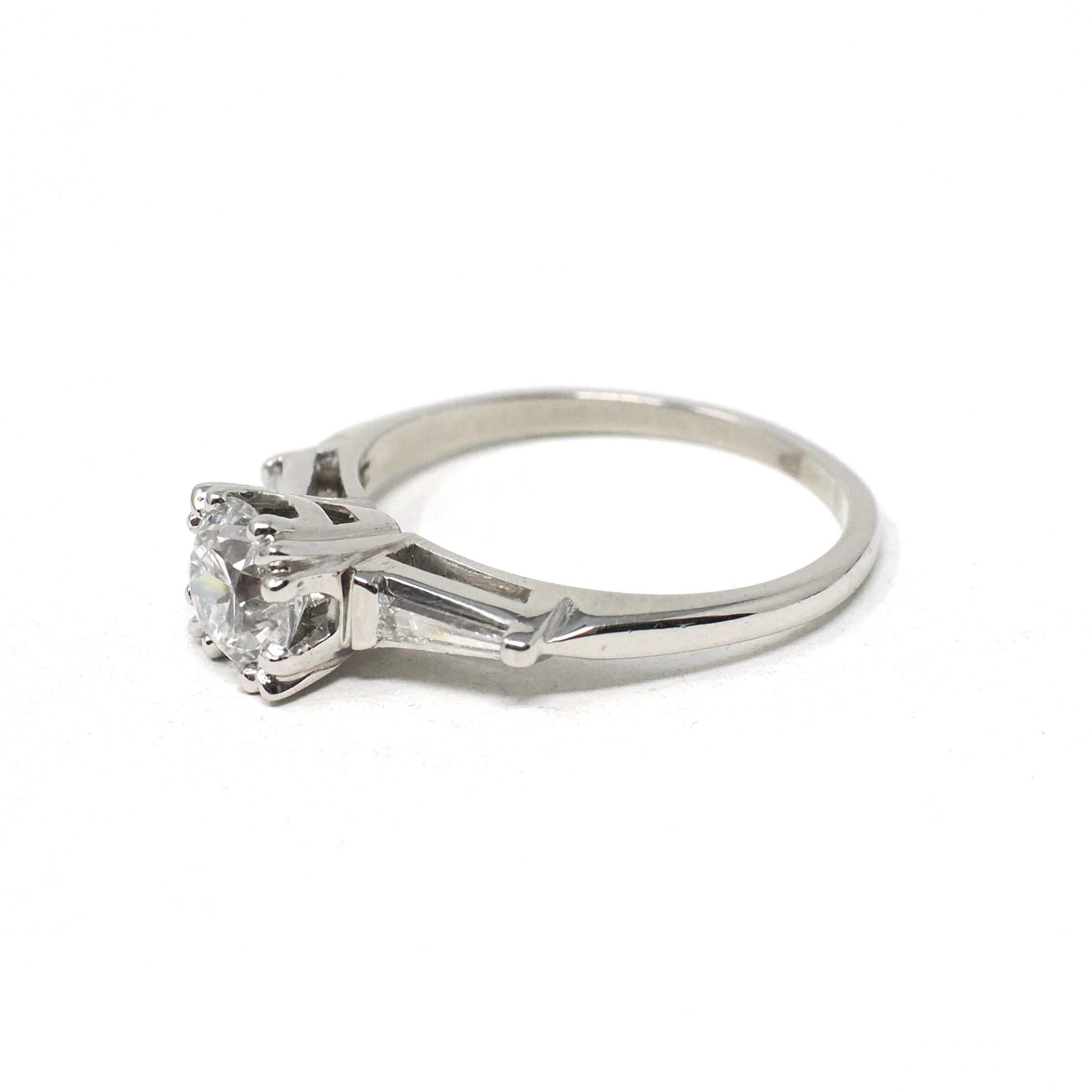 0.96 ct Diamond Engagement Ring - Circa 1950s Platinum Old European Cut & Baguette Diamonds - Size 7 1/4 Mid Century Era Fine Bridal Jewelry