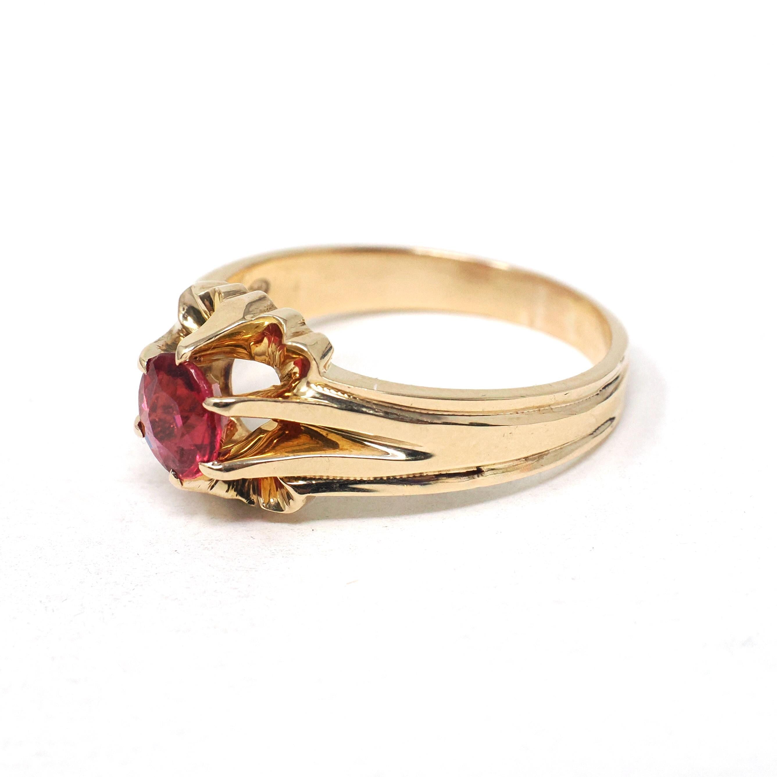 Garnet Doublet Ring - Mid Century 10k Yellow Gold Round Assembled Red Glass Stone - Vintage Circa 1940s Size 10 1/2 Belcher Style Jewelry