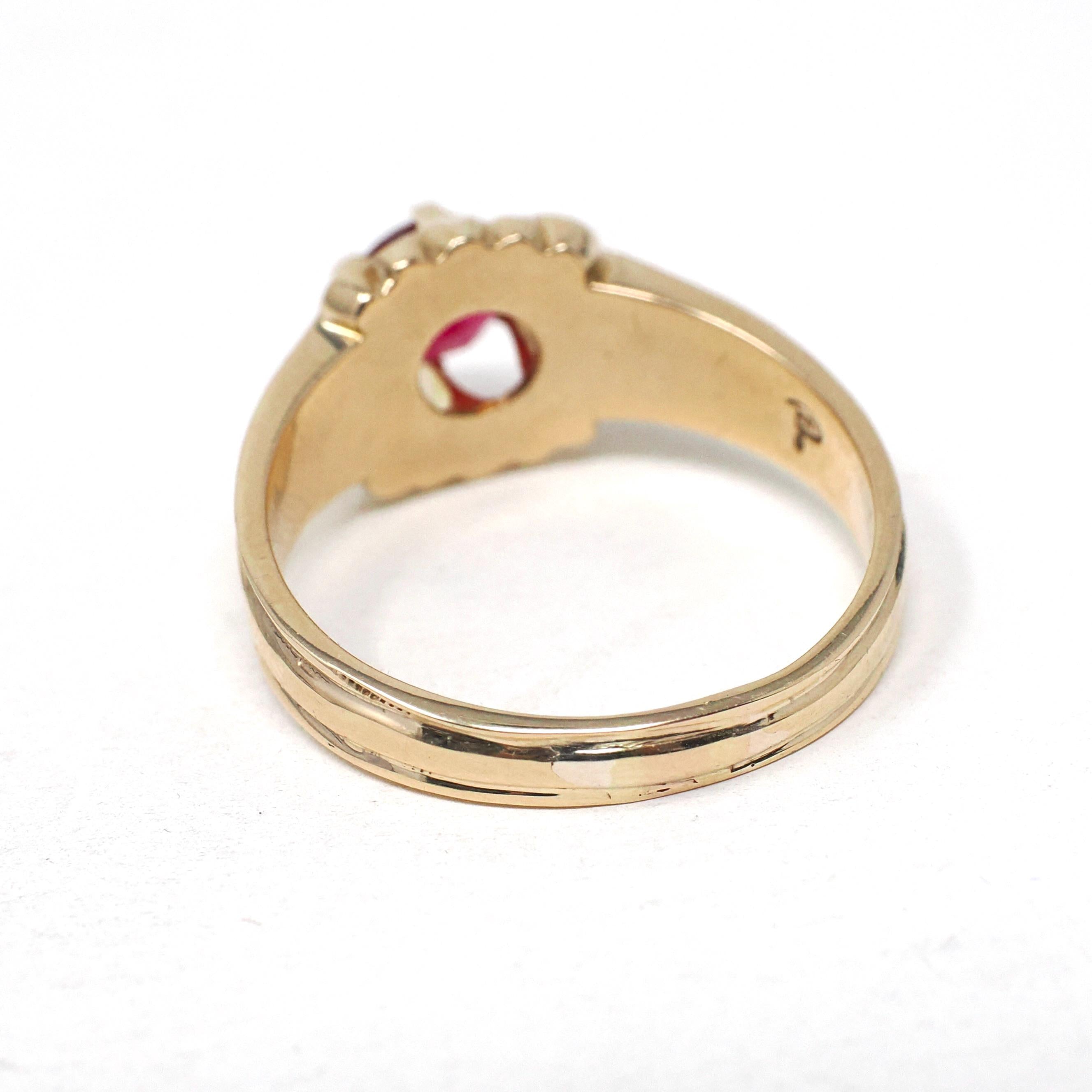Garnet Doublet Ring - Mid Century 10k Yellow Gold Round Assembled Red Glass Stone - Vintage Circa 1940s Size 10 1/2 Belcher Style Jewelry