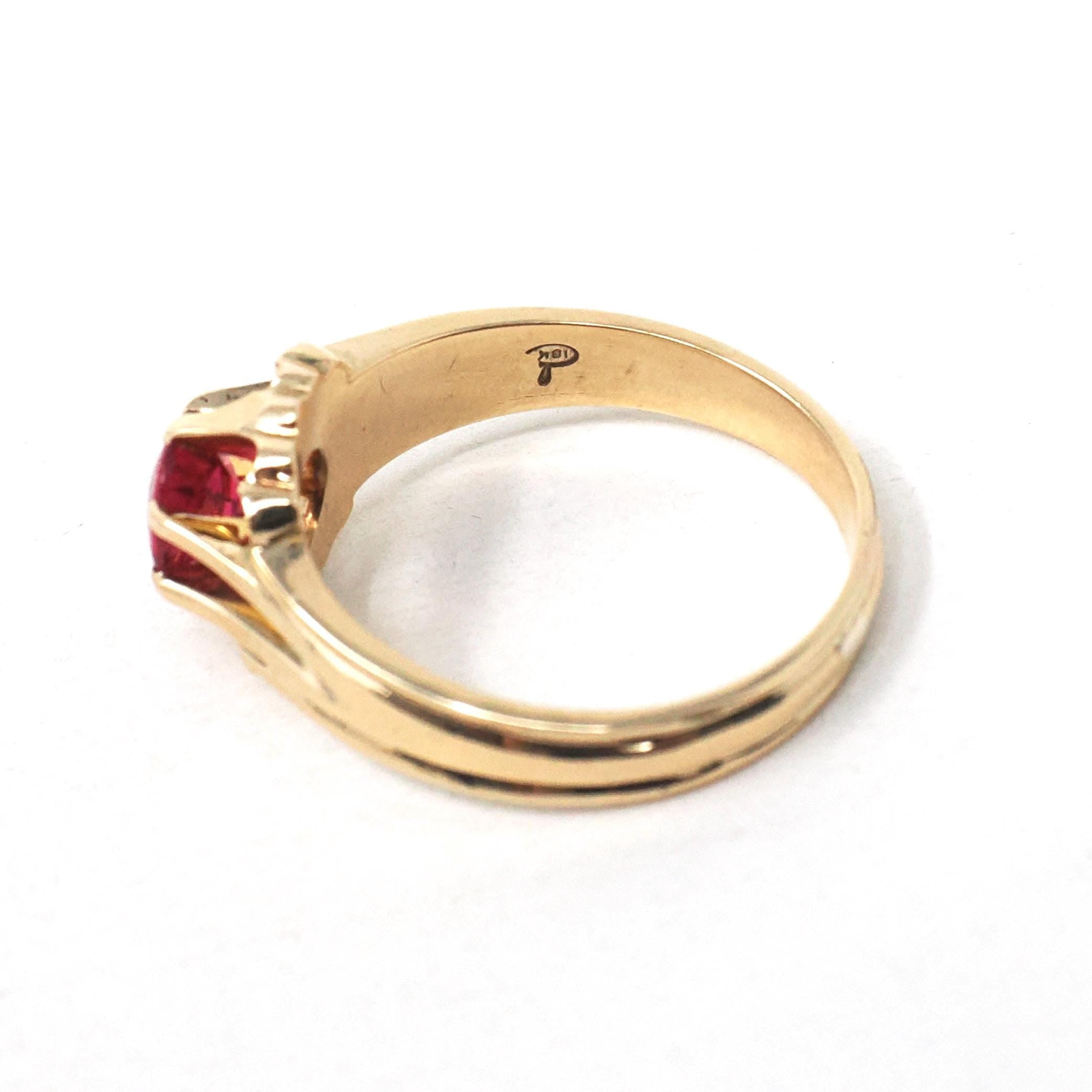 Garnet Doublet Ring - Mid Century 10k Yellow Gold Round Assembled Red Glass Stone - Vintage Circa 1940s Size 10 1/2 Belcher Style Jewelry
