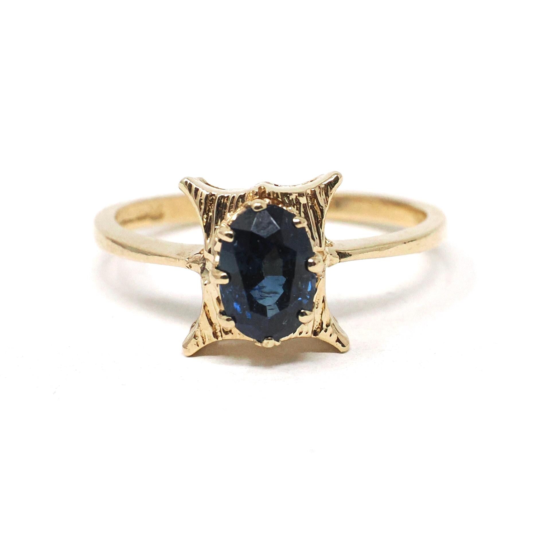 Vintage Sapphire Ring - Retro 14k Yellow Gold Natural Blue Oval Gem Solitaire - Circa 1970s Size 6 3/4 Alternative Engagement Fine Jewelry