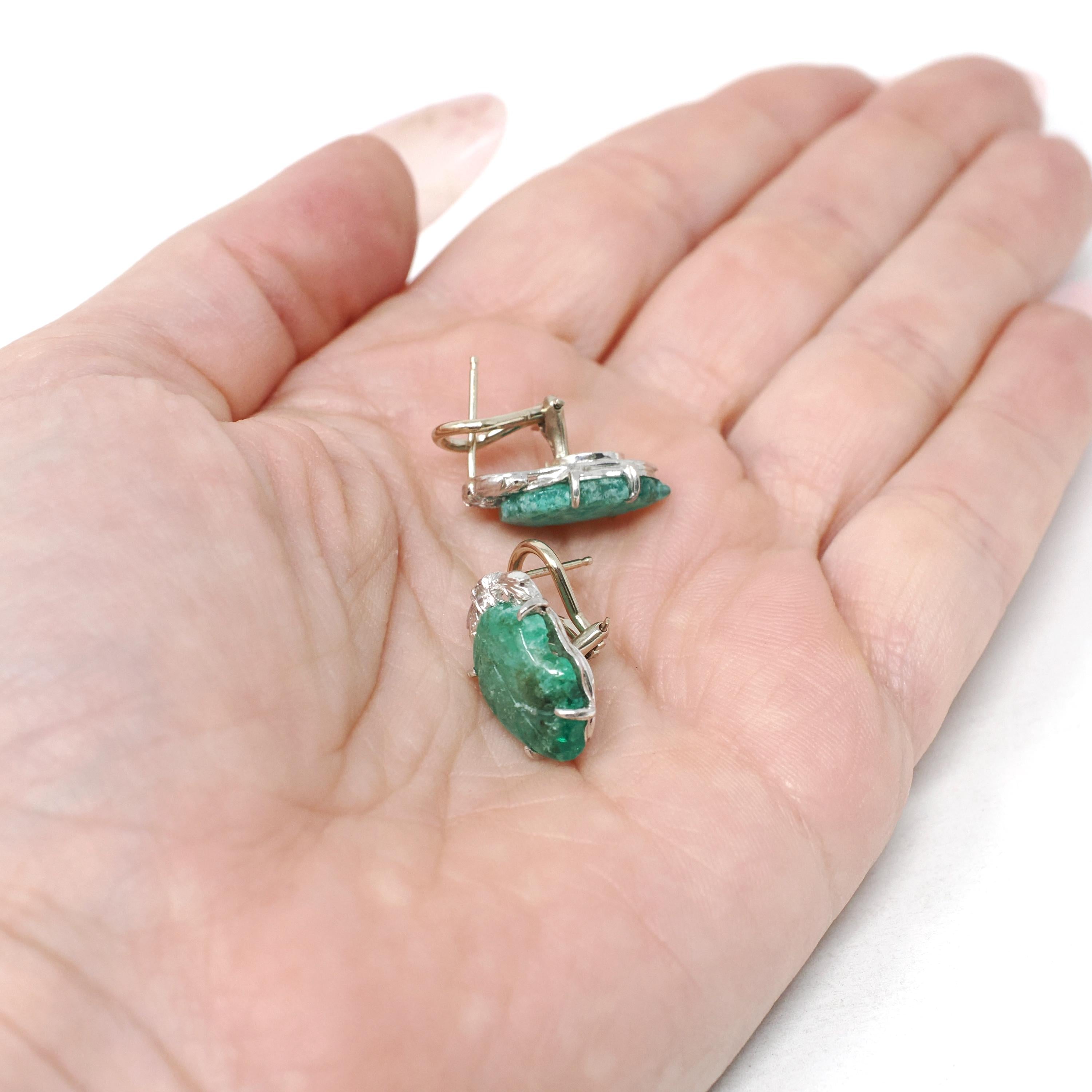 Carved Emerald Earrings - Art Deco Platinum & 14k White Gold Natural Leaf Gemstone Diamond Accent - Circa 1930's Fine May Birthstone Jewelry