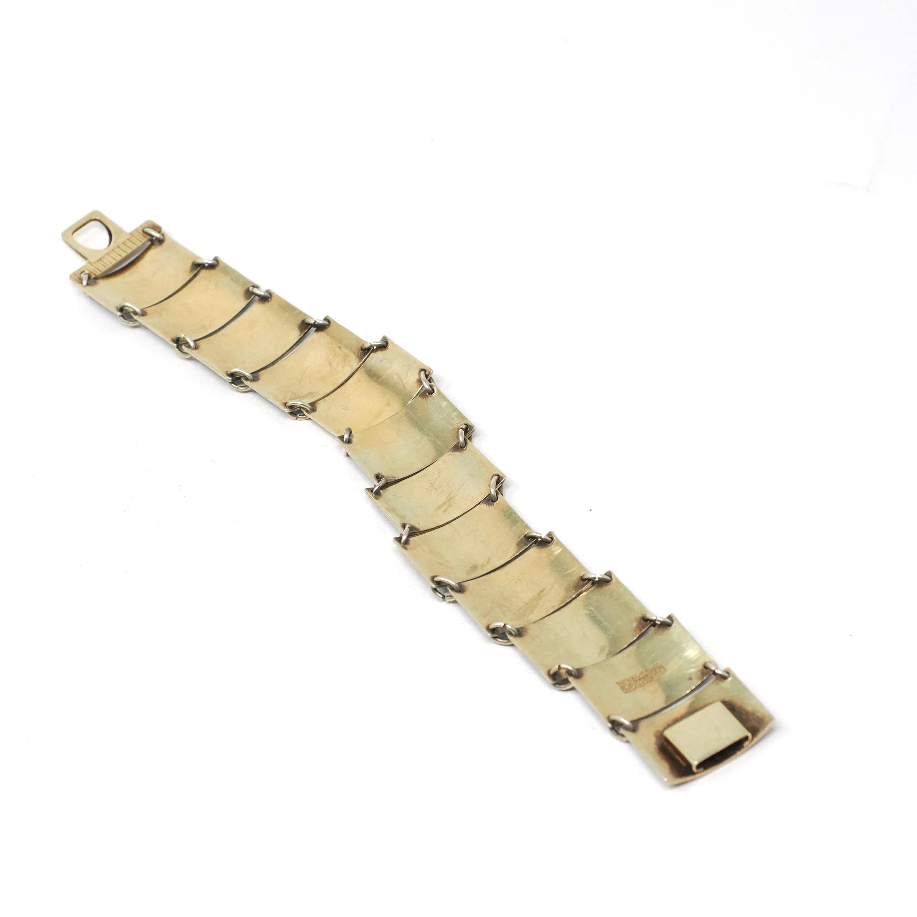 Guilloché Enamel Bracelet - Mid Century Sterling Silver Gold Wash Green Panels - Vintage Circa 1940s Era Statement Norway Norwegian Jewelry