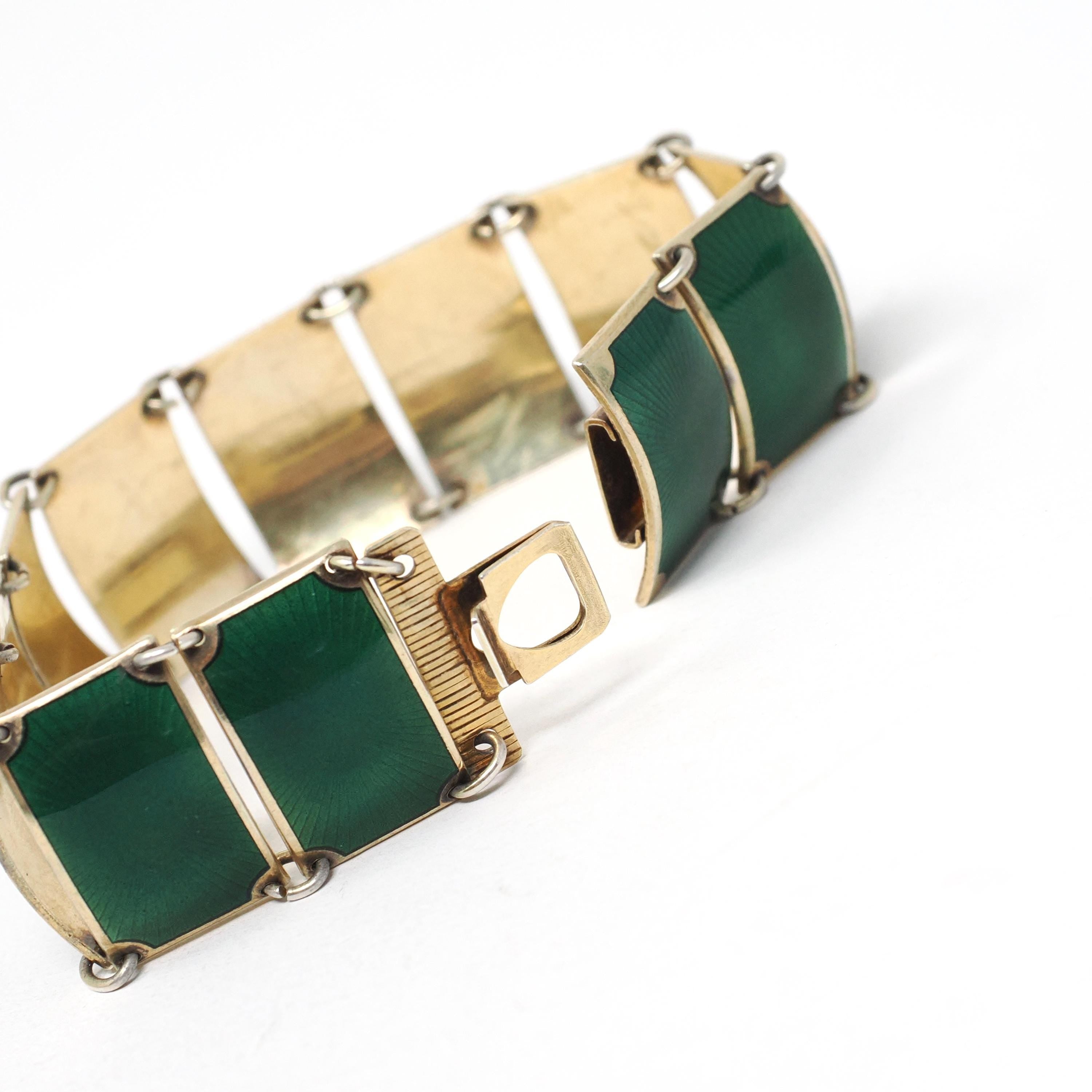 Guilloché Enamel Bracelet - Mid Century Sterling Silver Gold Wash Green Panels - Vintage Circa 1940s Era Statement Norway Norwegian Jewelry