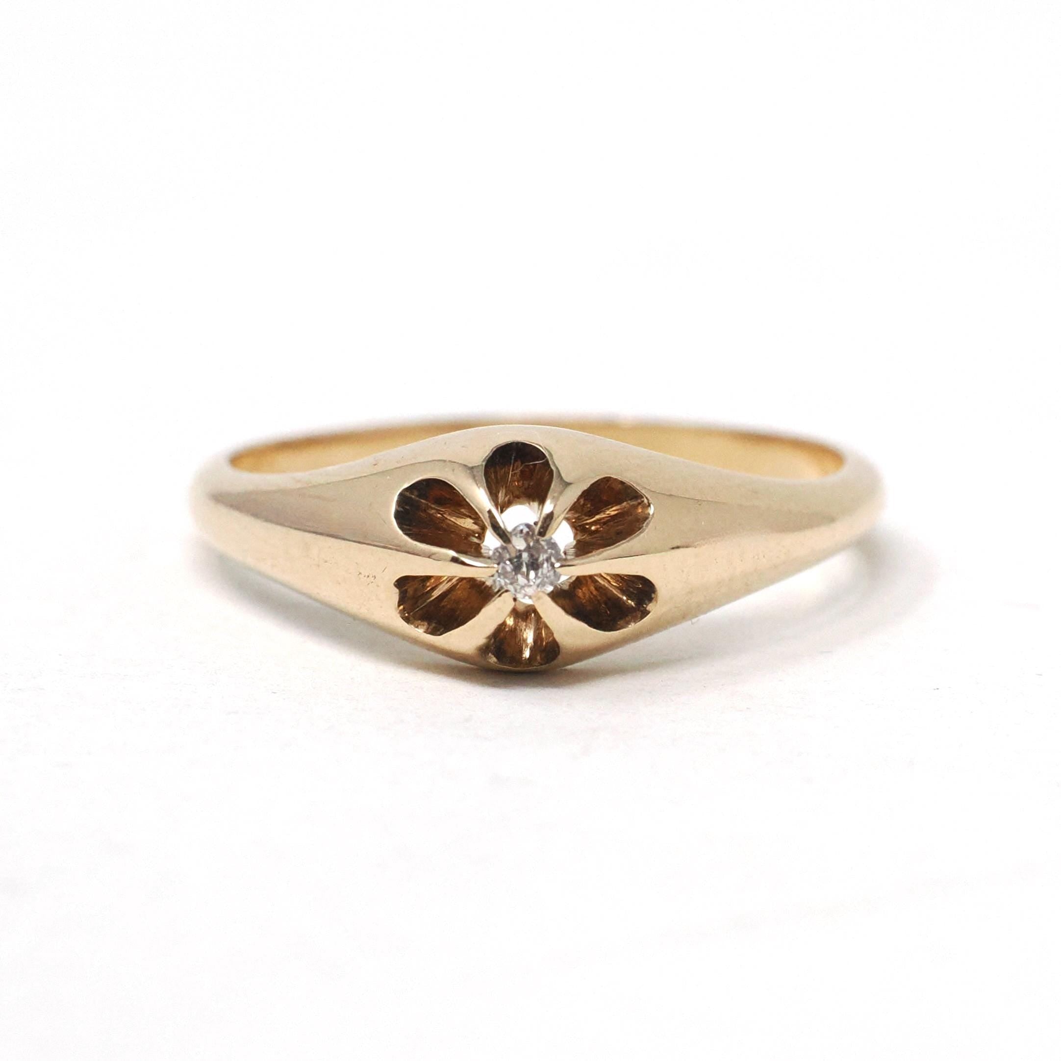 Antique Diamond Ring - Edwardian 14k Yellow Gold Old Mine Cut Belcher Prong Engagement - Circa 1910s Size 6.75 Solitaire Bridal Fine Jewelry