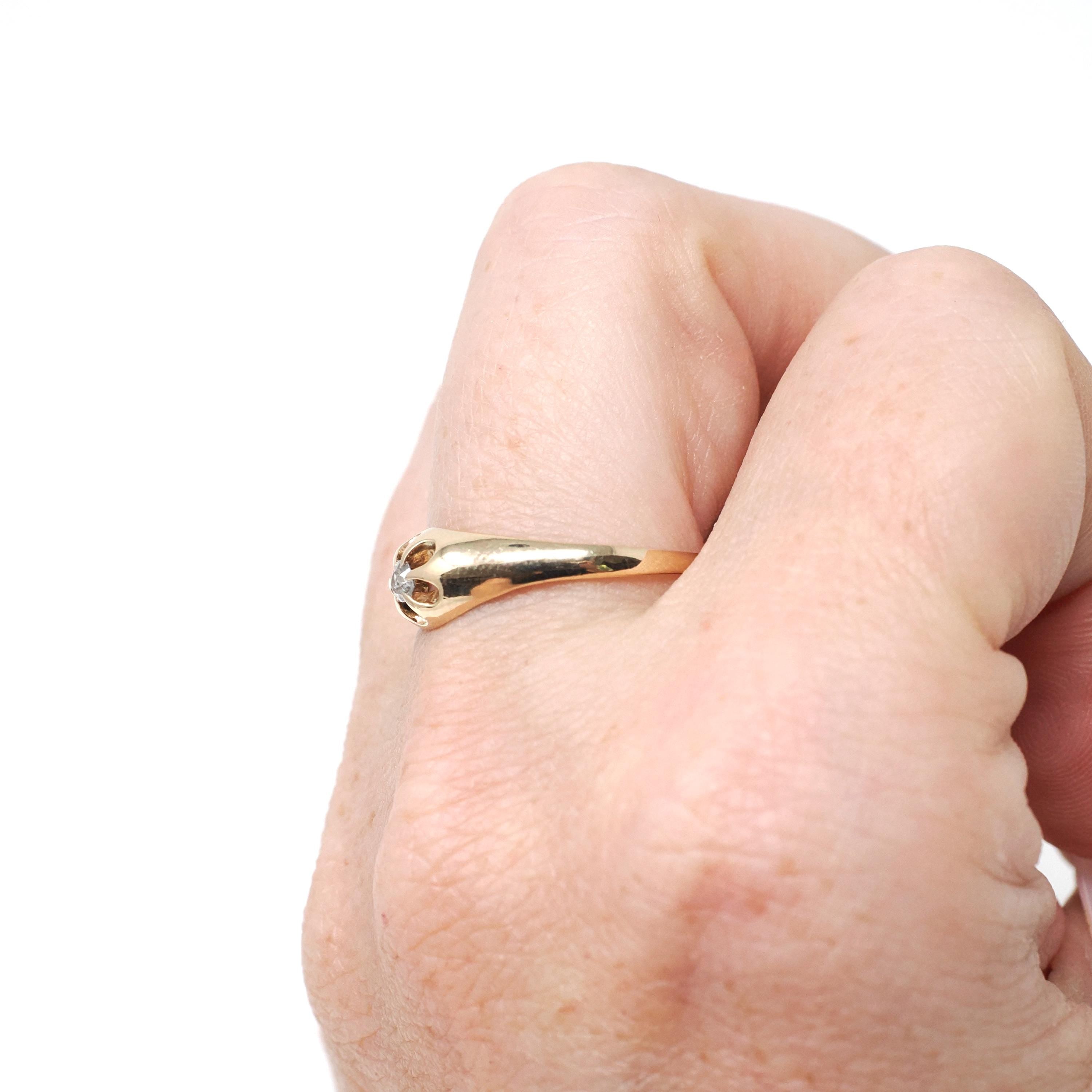 Antique Diamond Ring - Edwardian 14k Yellow Gold Old Mine Cut Belcher Prong Engagement - Circa 1910s Size 7.5 Solitaire Bridal Fine Jewelry